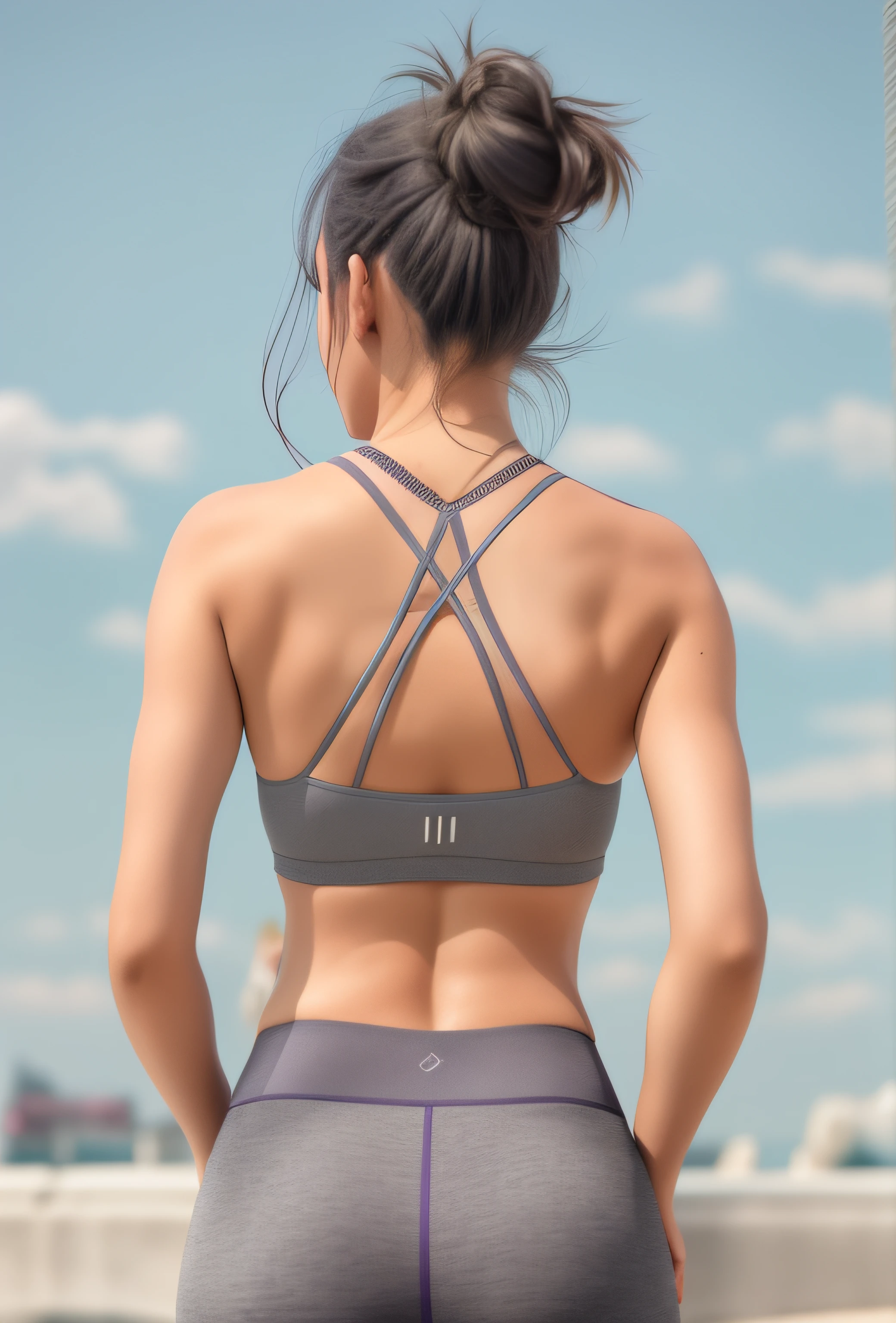 A woman wearing a gray sports bra top and purple pants, Back - View, back arched, Sports bra, Sports bra, detailed sports bra, Back view, upper torso included, back stance, minaret, bralette, spikes on the body, training bra, back - shot, sport bra and shirt, waist - shot, Arched back, Bra