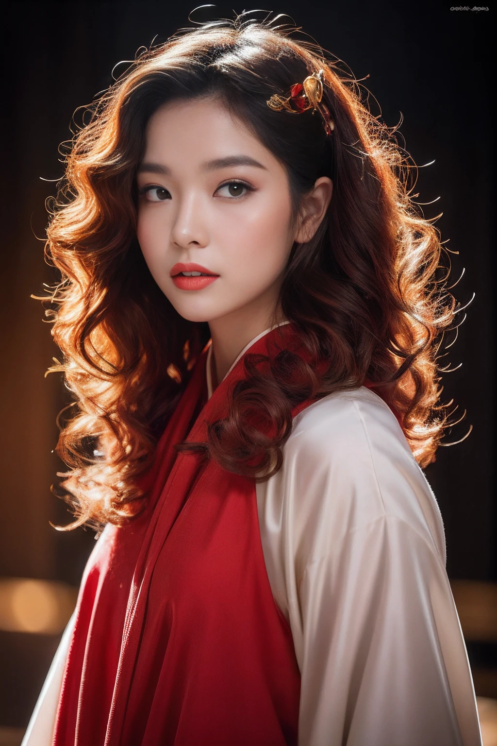 32K(tmasterpiece,k hd,hyper HD,32K)Flowy large curly hair,Flowing rouge,ponds,zydink, a color, Asian people (Silly girl), (Silk scarf), Combat posture, looking at the ground, Large rolls of rouge, Flowing rouge curls, Crocodile skin skull headdress, Chinese long-sleeved clothing, (abstract ink splash:1.2), Pink lotus background,Water lily flower protector(realisticlying:1.4),Rouge hair,Autumn is in full swing,The background is pure, A high resolution, the detail, RAW photogr, Sharp Re, Nikon D850 Film Stock Photo by Jefferies Lee 4 Kodak Portra 400 Camera F1.6 shots, Rich colors, ultra-realistic vivid textures, Dramatic lighting, Unreal Engine Art Station Trend, cinestir 800,Large curls,Flowing rouge