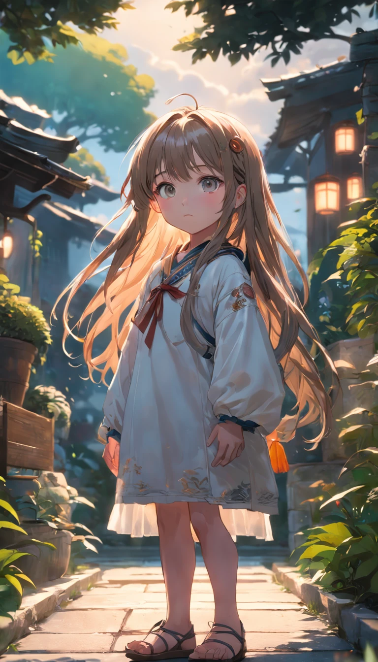 A 6 year old girl standing in the garden, high high quality, Clear focus (mess - house: 0.8), (tmasterpiece: 1.2) (realisticlying: 1.2) (Bokeh) (best qualityer) (Detailed skins: 1.3) (intricately details) (8K) (eye detailed) (foco nítido), (dreads) (a variety of poses) desenho, Modern tailoring