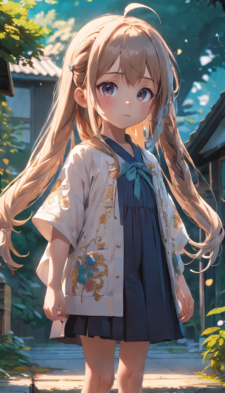 A 6 year old girl standing in the garden, high high quality, Clear focus (mess - house: 0.8), (tmasterpiece: 1.2) (realisticlying: 1.2) (Bokeh) (best qualityer) (Detailed skins: 1.3) (intricately details) (8K) (eye detailed) (foco nítido), (dreads) (a variety of poses) desenho, Modern tailoring