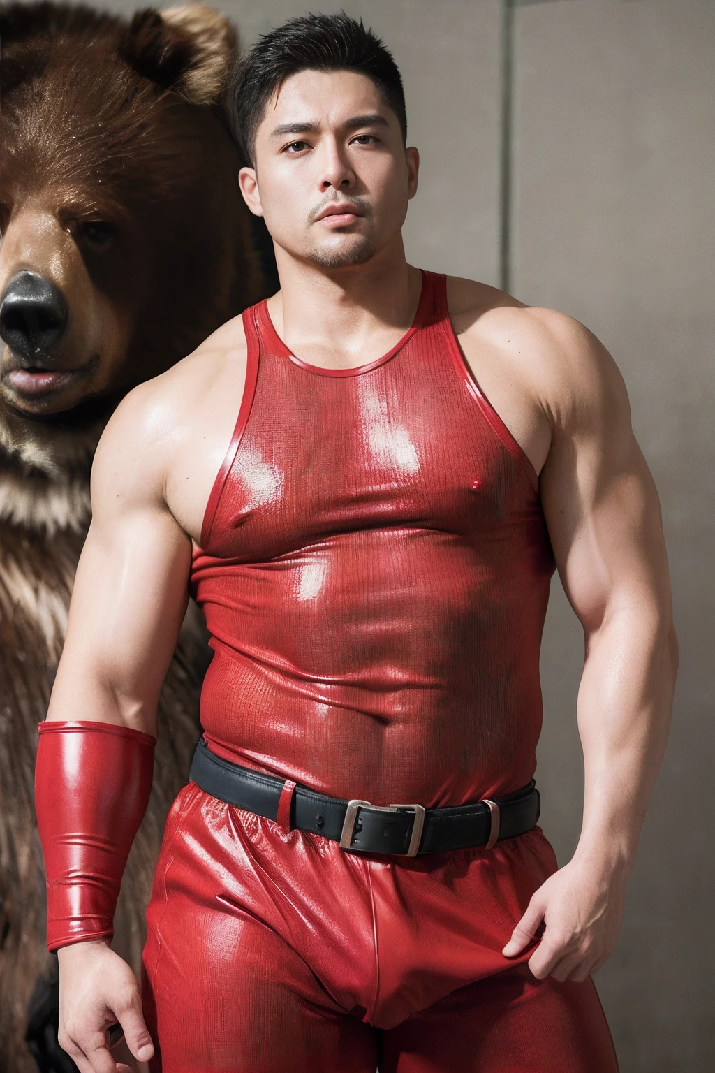 top-quality、masterpiece、超A high resolution、(realisitic:1.4)、详细的脸、独奏、1human male、The upper part of the body、Dark hair、glistning skin、dense skin、(asian human)、architectural、(absurderes、hight resolution、ultra-detailliert)、、1 male、Adults、(20-year-old man)、a handsome、tall muscular man、broad shoulder、extra very short hair、angular jaws、thick neck、thick eyebrow、extra very short hair、A dark-haired、fine eyes and detailed face、 Highly detailed CG Unity 8K wallpapers、intricate-detail、(Style Swirl Magic:0.7)、looking at the spectator、独奏、(full body Esbian:0.6)、细致背景、A detailed face、dynamicposes、、Urban background、dynamic compositions、 big muscle、、((((Crotch bulge))))、a handsome、 ((masutepiece:1.4, Best Quality)), ((masutepiece, Best Quality)), (photographrealistic:1.4)、(((police officers)))、(Japan Police Officer), Sweating, (He is wet, Wet 1.2), , Blood vessels in the arm,japanese male、having clothes are worn、Wild personality,Be proactive, Axe in the left hand、Wearing a red bib、((((Kintaro's costume))))、((((The bear is behind))))、Gold letters in waiting for clothes