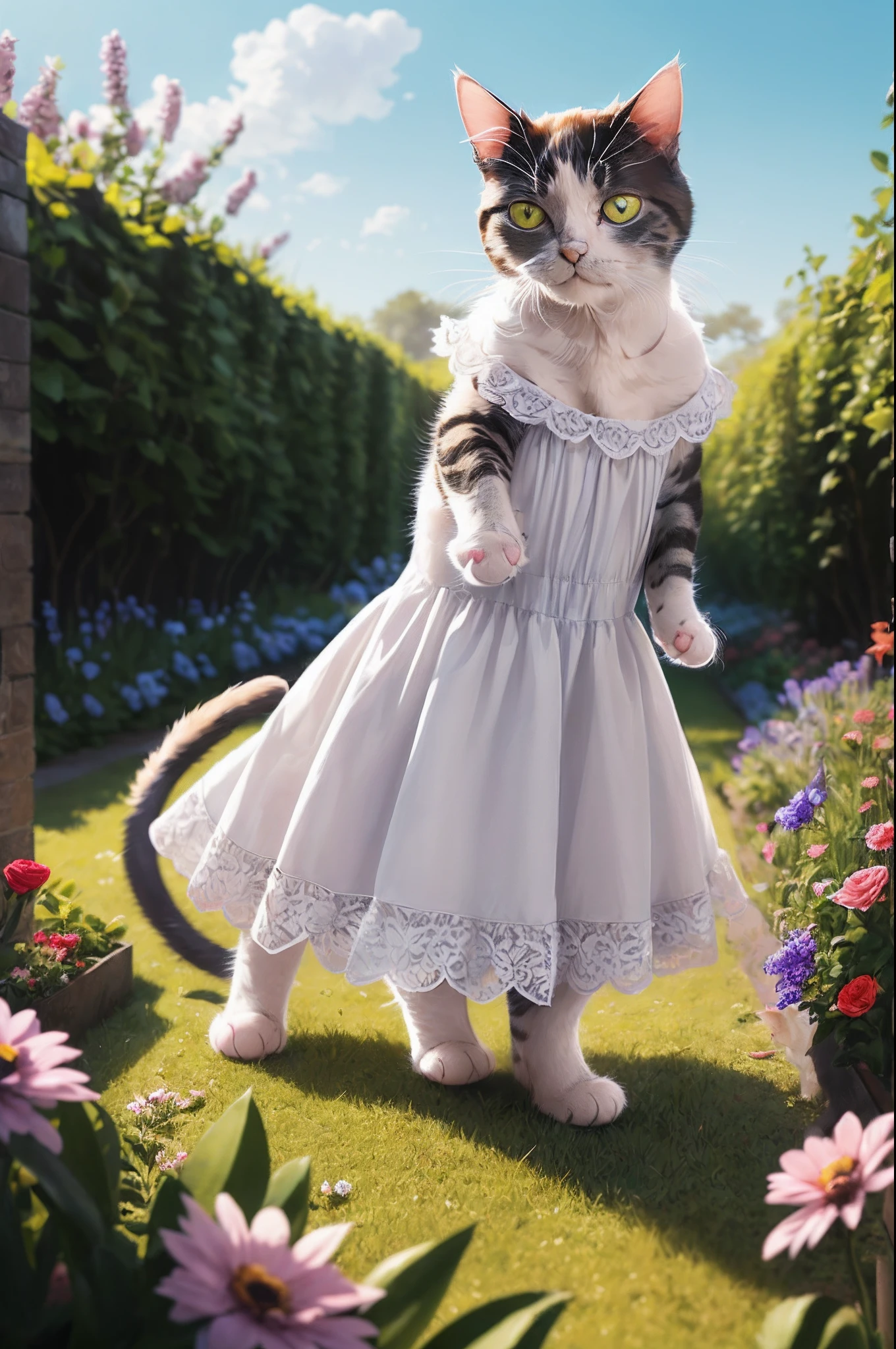 (cat wearing dress:1.5), flowers, many small petals, garden, blue sky, Illustration, cinematic light, high resolution, best quality, ultra detailed, masterpiece,