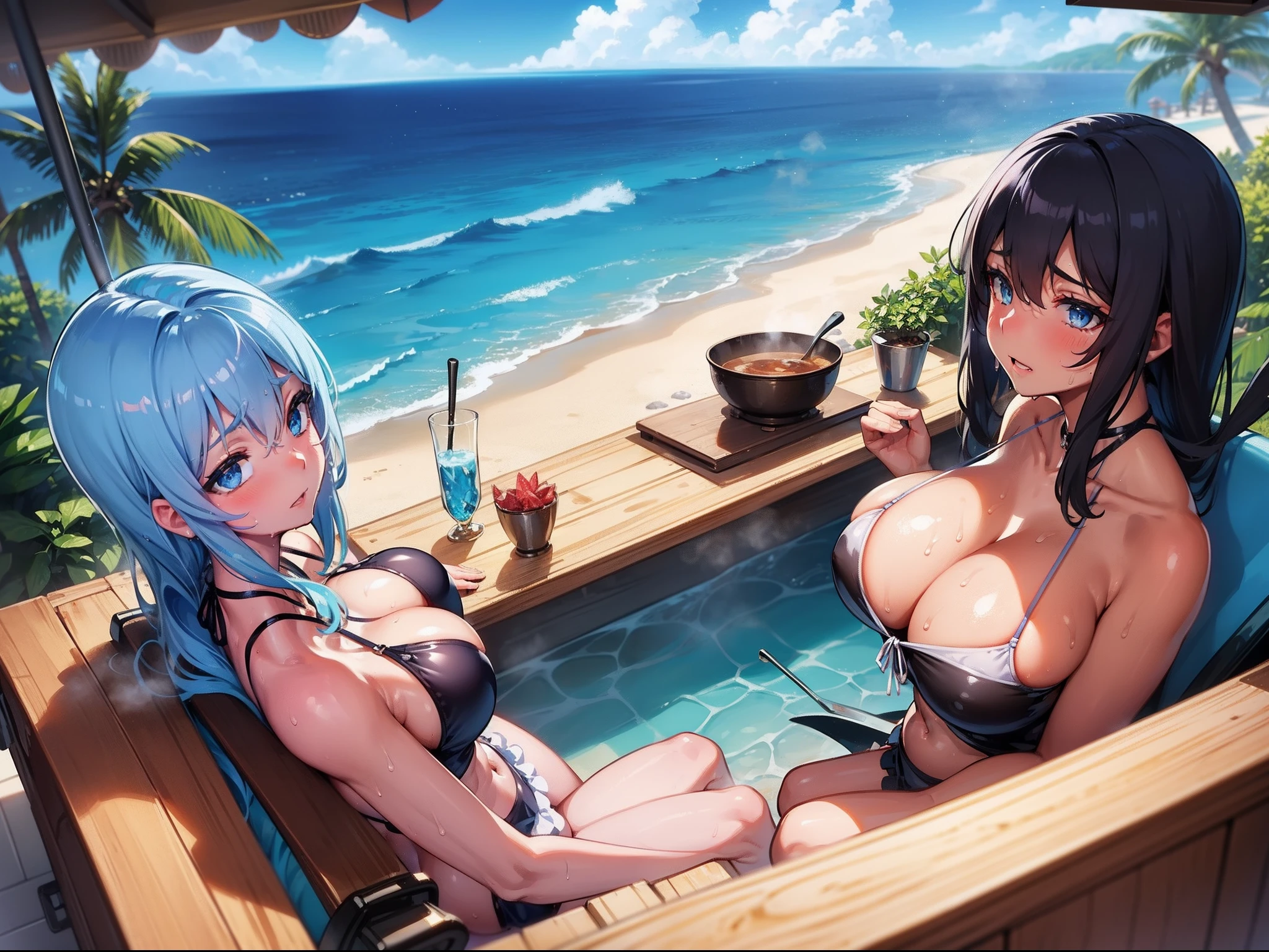 A detailed face、Detailed landscapes、top-quality、Super beautiful backgrounds、Super beautiful girl、blue-sky、crystal clear ocean、Tropical sandy beaches and oceans、Lots of guests、Apron and bikini、Tanned dark-skinned man and woman、Colossal tits、(((Sweat, steam))), Kitchen Car Bender、Big kitchen car