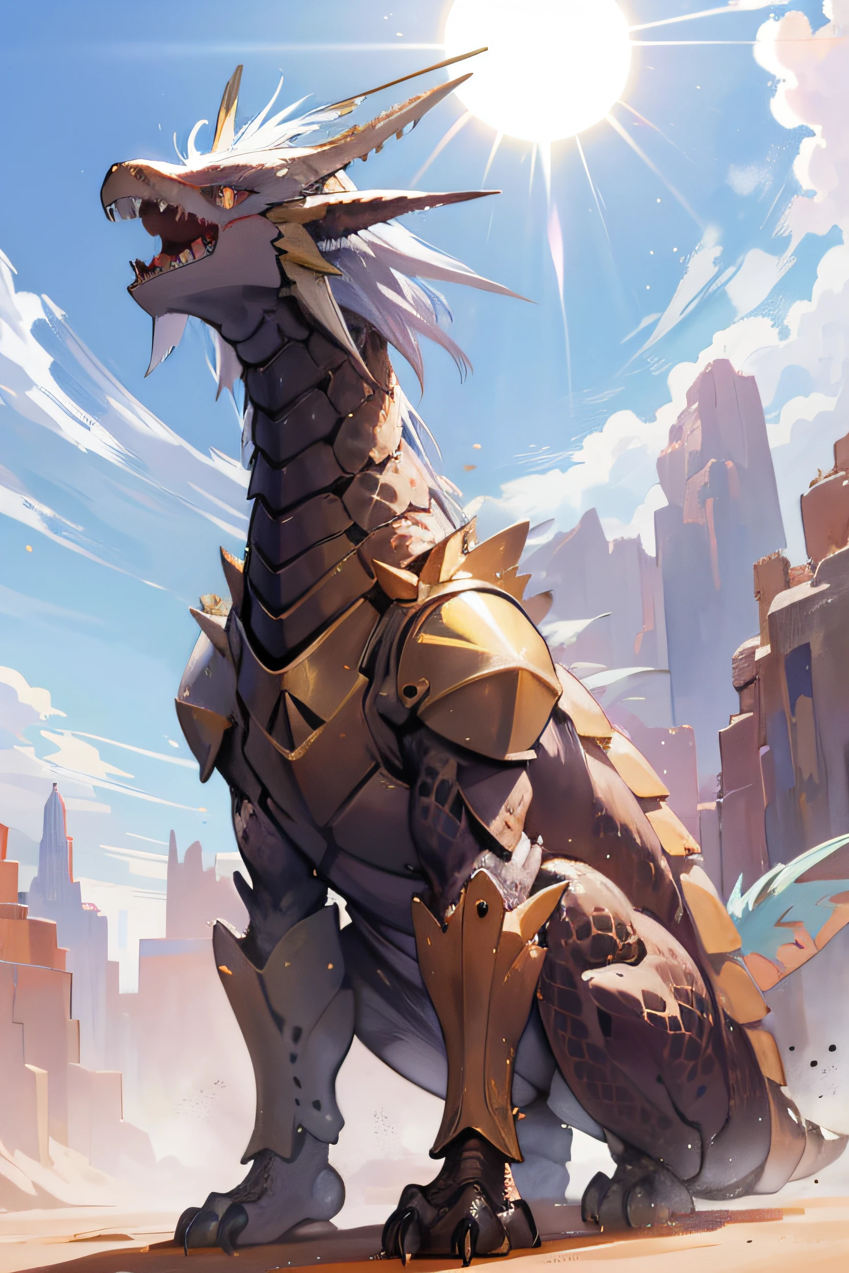 En un desierto remoto, lives a desert dragon named Akari. Akari is a large and powerful dragon, con escamas de color bronce que brillan a la luz del sol. Sus alas son grandes y musculosas, y su cola es larga y puntiaguda. Sus ojos son de un profundo color azul, y su mirada es penetrante.

Akari pasa su tiempo vagando por el desierto, cazando a sus presas y protegiendo su territorio. It is a fierce and territorial dragon, and will not hesitate to attack any intruder.

El ecosistema del desierto es un lugar duro y peligroso, but Akari fits him perfectly. Sus escamas le protegen del sol abrasador, y sus alas le permiten volar sobre las altas dunas de arena.

Akari es una criatura solitaria, But it's not without company. Other desert dragons have been known to gather to mate and raise their young....