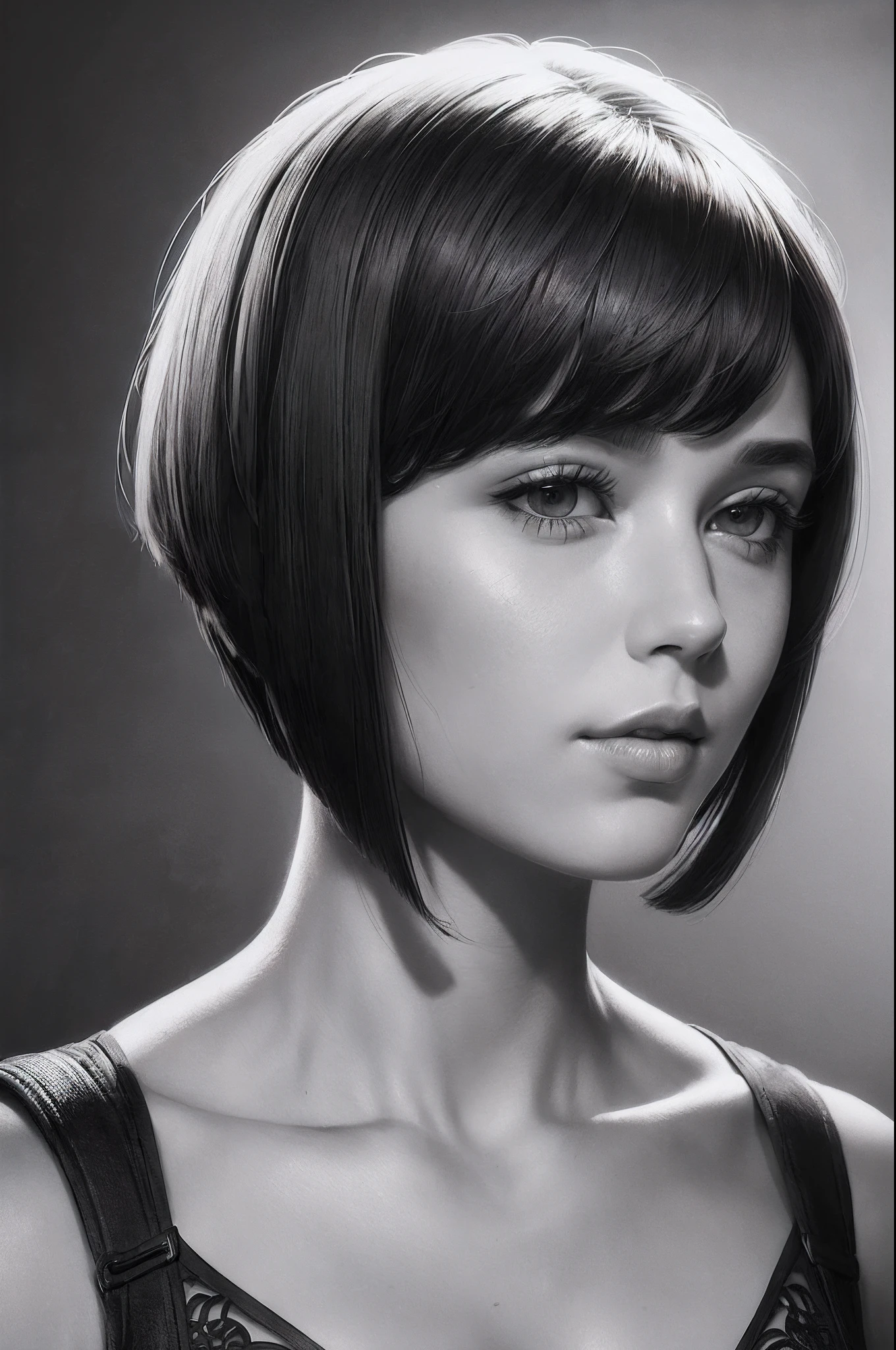((young Natalia Varley)), ((short bob hairstyle)), intricate pencil sketch, expressive eyes, nose and mouth, Un-Zoom, jim lee (jim lee, Alexey Maleev) Right, In the center of the profile, - This is a key visual complex, With high detail, Breathtaking, Accurate lineart, Stunning panoramic cinematography