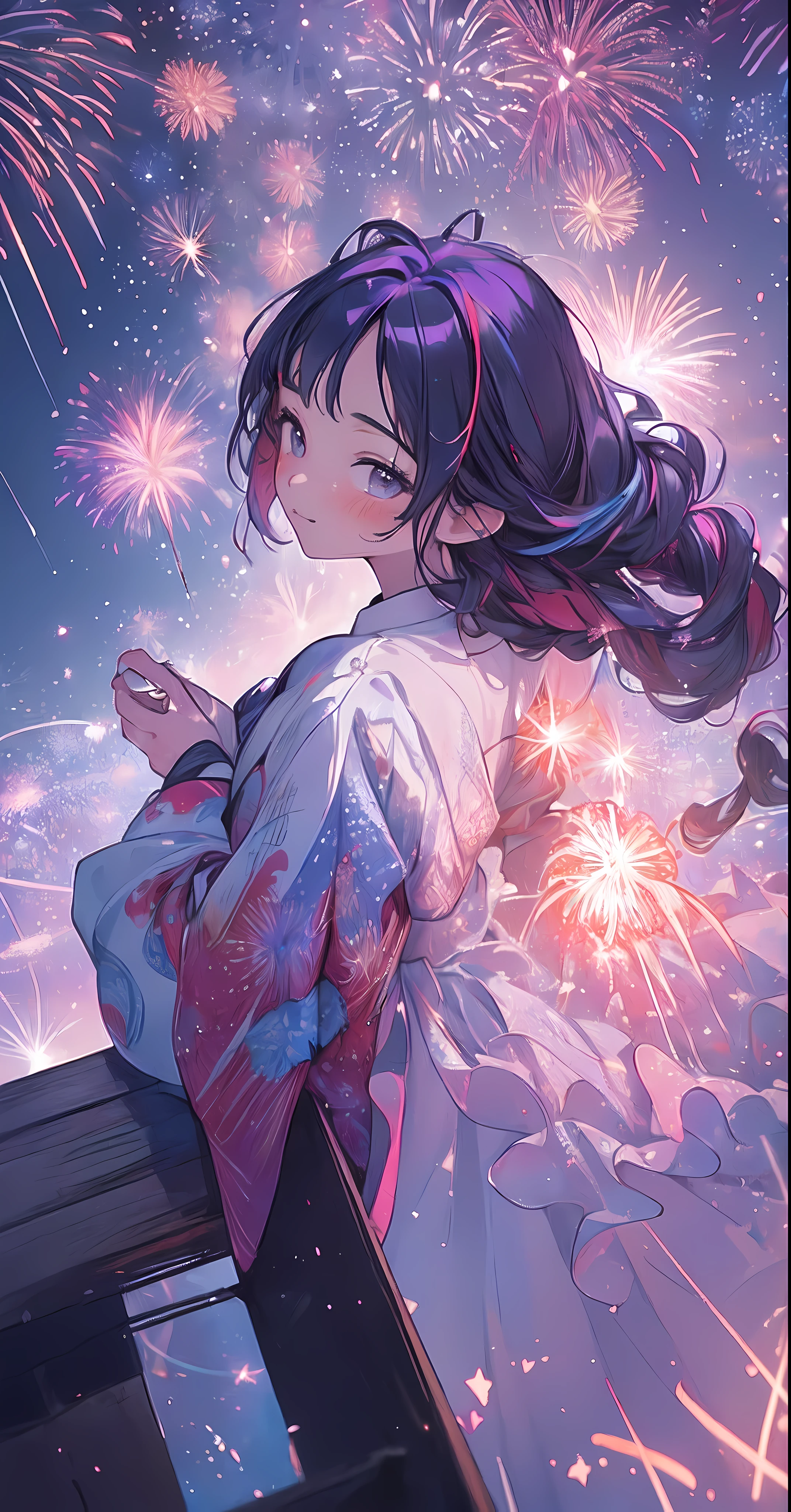 ((Fireworks display seen from a higher place:1.5))，(Lots of 10-shakudama fireworks fill the sky:1.53)，Fireworks display beyond imagination，innocent smiles，Girl in the sky，Never seen，Seven colors,(1girl in)，(Cute smile)，(The clothes are intricate dresses with a white base:1.4)，(Lots of light particles spin around the girl) ，(Best Impact:1.5)， (maximalism:1.7),，Vivid contrast， (Realistic),，hyperrealistic illustrations,，hight resolution,，ultra-detailliert,，absurderes，(Fractal Art:1.3)，Braided hairstyle，Gradient long hair，FULL BODYSHOT，Photographing the sky from below，Precise focus，randome pose，cinema4d，Drama