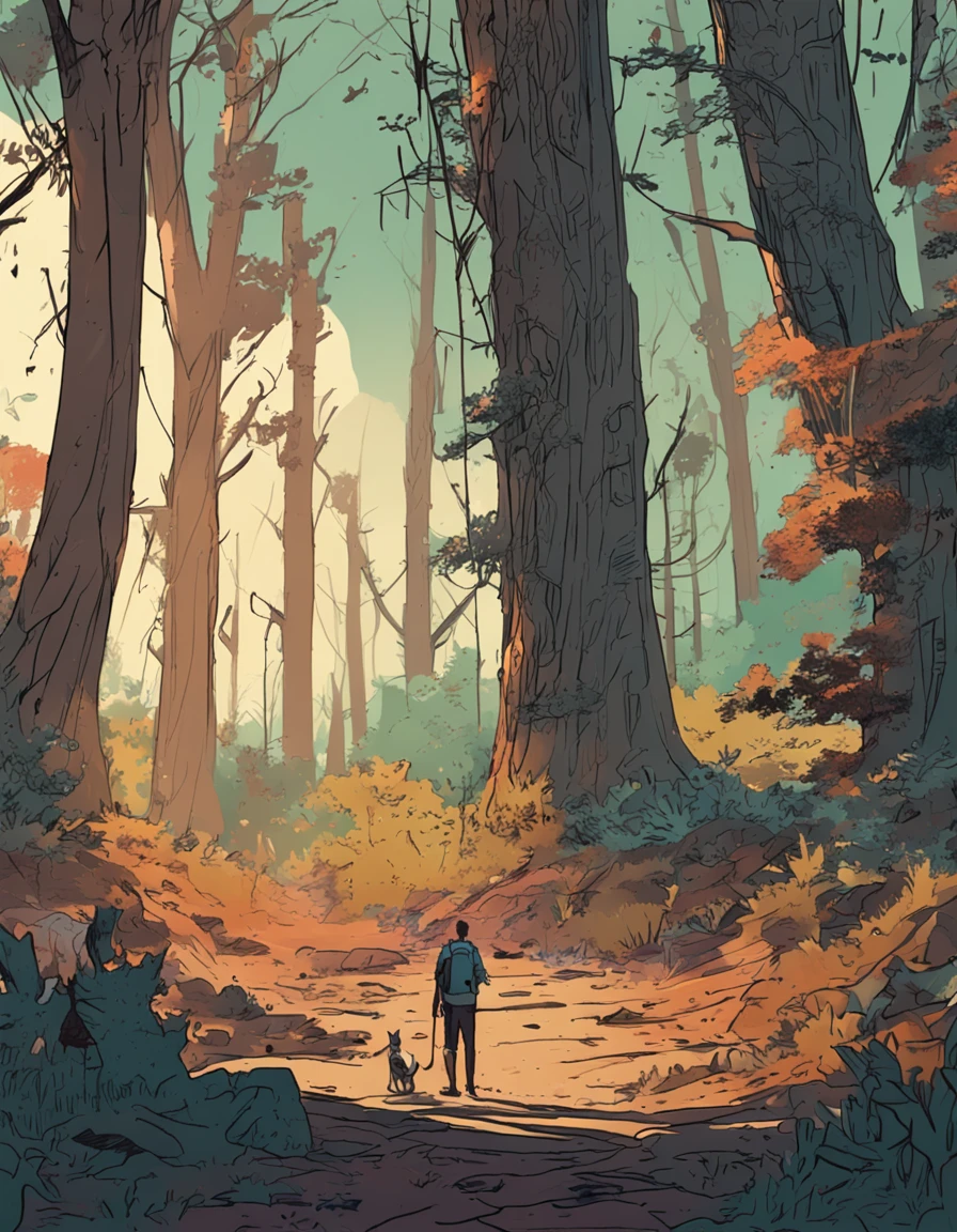 A scene of a man painting in the forest, The environment is full of cats, Painted style, a lot of tree, People make up one-twentieth of the picture,The character has lower corners in the screen, And a lot of paintings were drawn on the spot,Some hang from trees, Some lean against trees in the distance,The tone was bleak,
