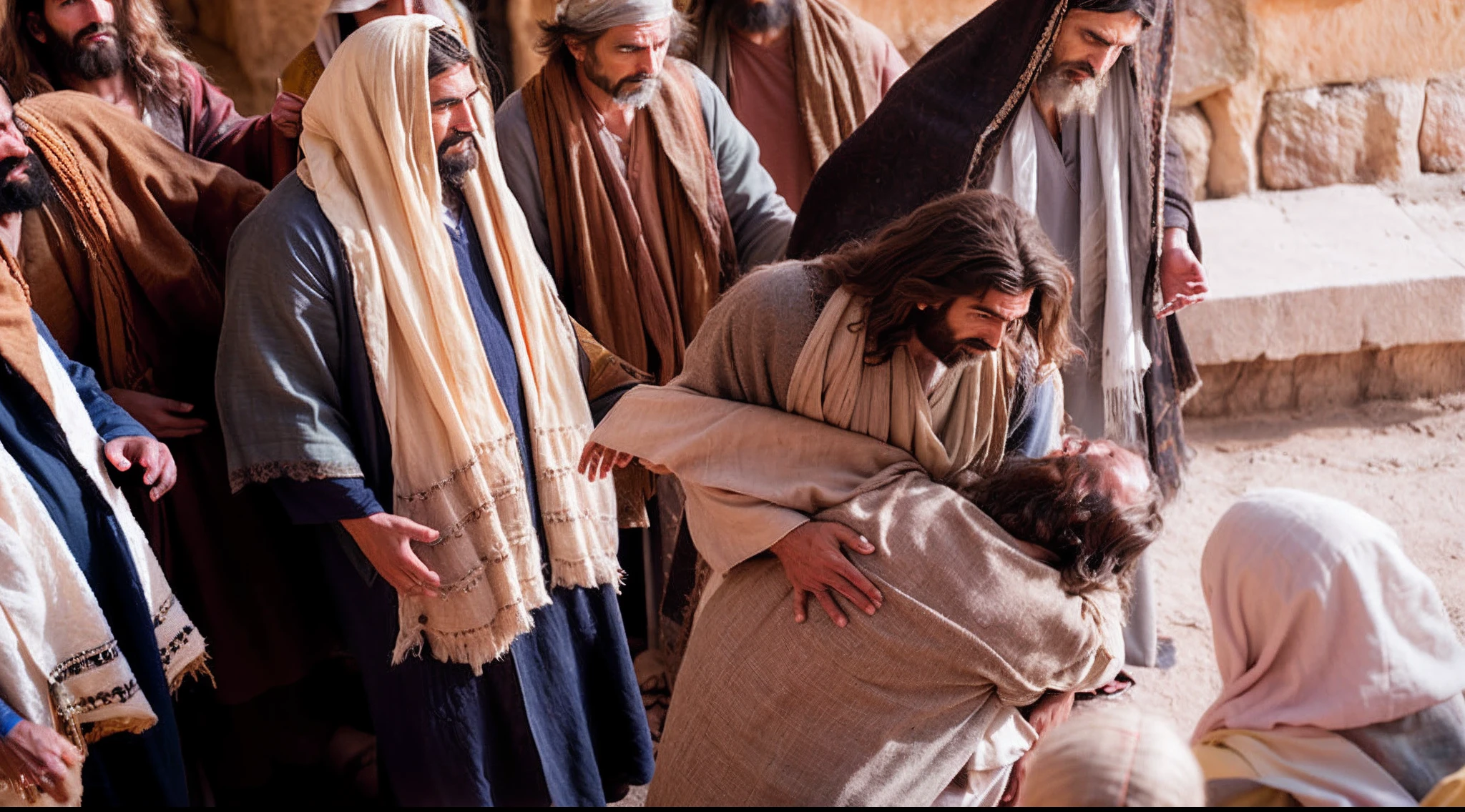 Man in a brown robe is being comforted by a woman, jesus hugging a woman, joseph and joseph, cena poderosa, Tim Hildebrant, bela cena, Most memorable scene, hugging his knees, NatGeo, Nicodemos, Melhor Cena, A cena mais bonita, cena maravilhosa, Devastador, Nbc, Directed by: Viktor de Jeney, dramatic scene