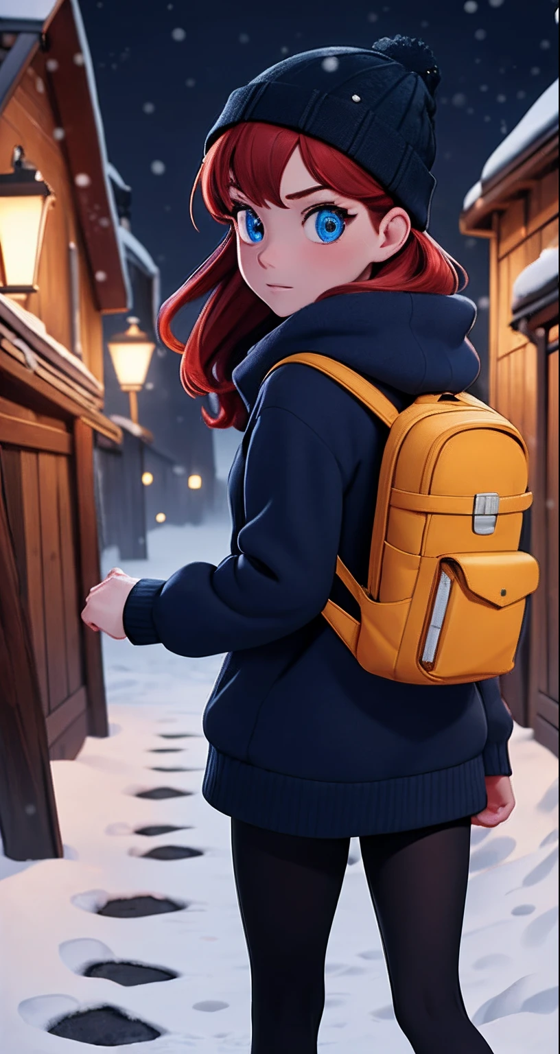 4k master piece, high detail, night time, dark, exterior of a red haired girl with blue eyes, wearing a dark blue sweater and beanie, with black tights and wearing a yellow backpack, walking through an empty snowy village at night, dark, scary, foggy and snowing, dynamic framing, dramatic pose