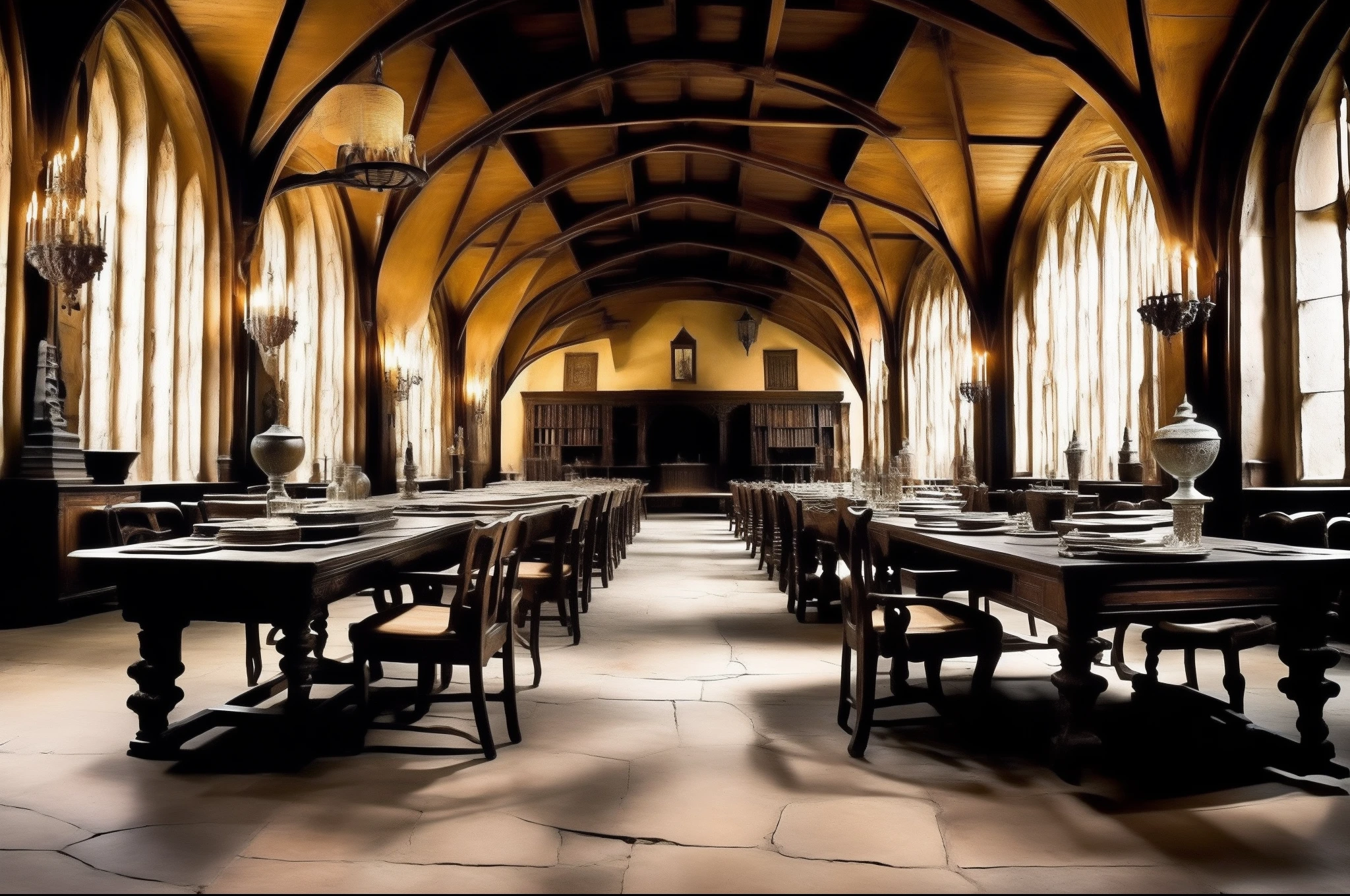 Harry Potter's Great Classroom of Magic,Ancient and mysterious,photorealestic,high-class,Old tables and chairs,A breath of magic,spacious,Dark light,On both sides are cabinets full of potions,There are crucibles on the table。