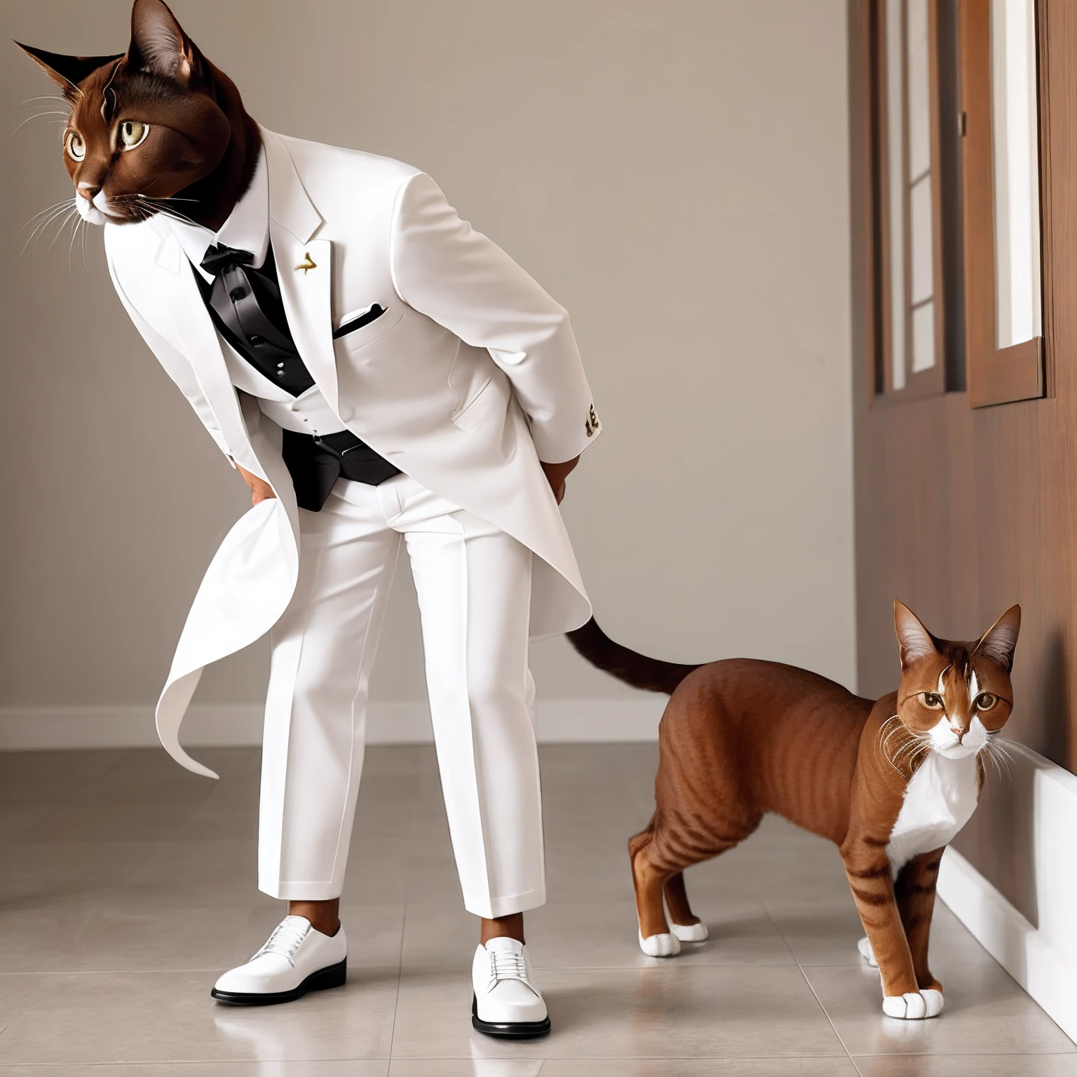 Brown cat in white tuxedo and white pants