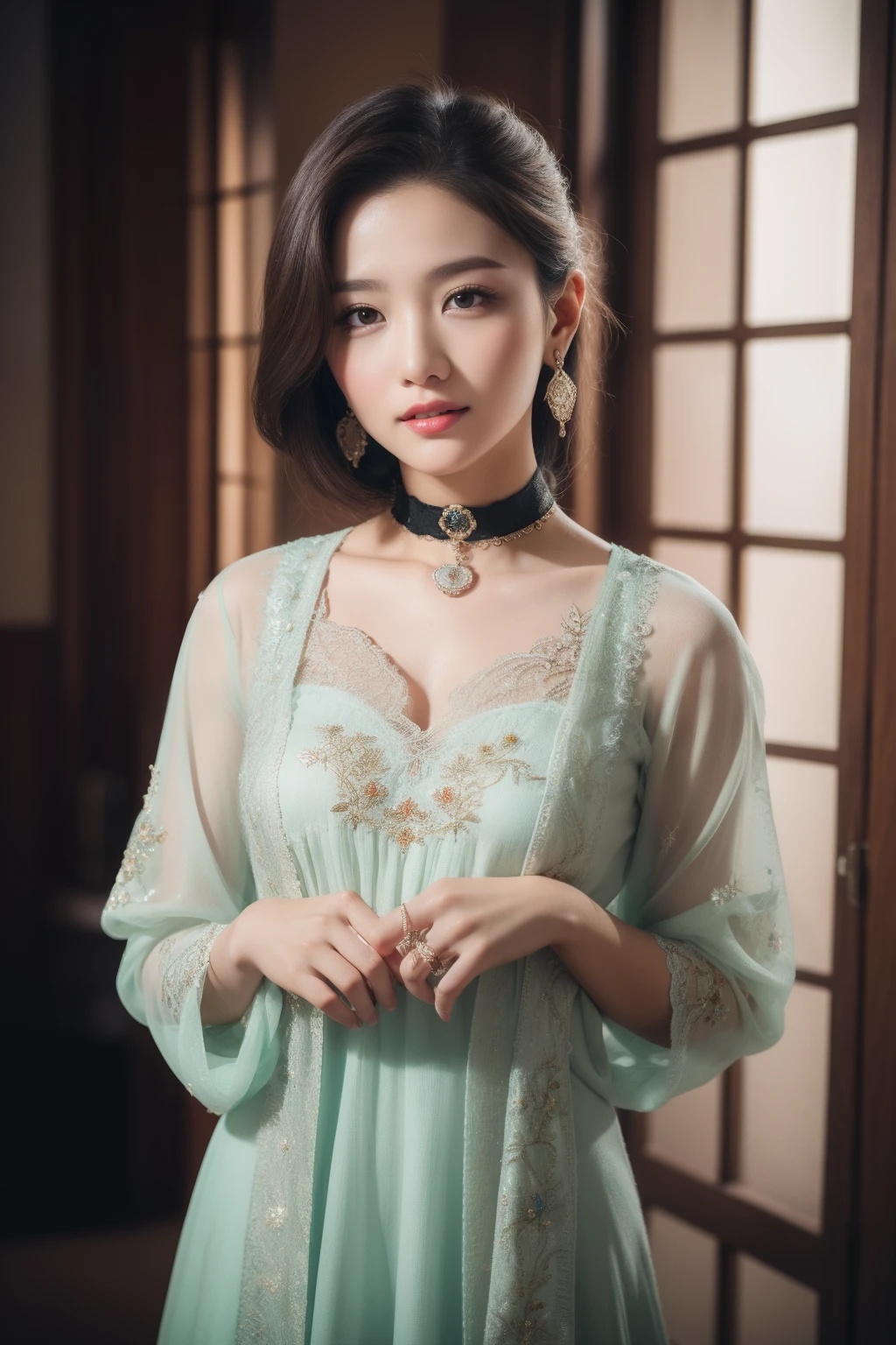 Best,master masterpiece,High res,1girl,Blushlush,(Seductive smile:0.8),star pupil,hairdecorations,Choker,jewelry,beauty face,on_physicality，,Tindal Effect,PhotoRealistic,Shadow Room,Light edges,Two-tone illumination，（High Detail skin：1.2），8k uhd，SLR，highs quality，volume illumination，Candid camera，photot，High res，4k，8k，background bokeh，ornate clothes，embroidery，，，Embroidered，Embroidered clothes，Embroidered peony，Hands on your waist，an earring，jadeite，35mm，high detailed hair，upper  body，halfbody，Portraits，sskirt，piece dress