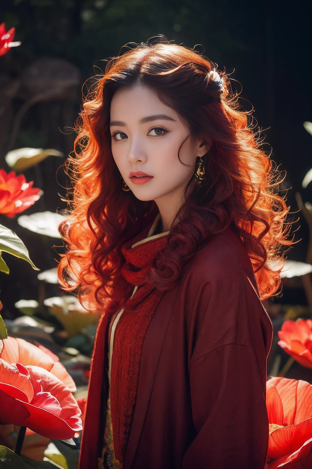 32K(tmasterpiece,k hd,hyper HD,32K)Large flowing curls,Flowing rouge,ponds,zydink, a color, Asian people (Silly girl), (Silk scarf), Combat posture, looking at the ground, Large rolls of rouge, Flowing rouge curls, Crocodile skin skull headdress, Green Chinese long-sleeved clothing, (abstract ink splash:1.2), Pink lotus background,Water lily flower protector(realisticlying:1.4),Rouge hair,Autumn is in full swing,The background is pure, A high resolution, the detail, RAW photogr, Sharp Re, Nikon D850 Film Stock Photo by Jefferies Lee 4 Kodak Portra 400 Camera F1.6 shots, Rich colors, ultra-realistic vivid textures, Dramatic lighting, Unreal Engine Art Station Trend, cinestir 800,Large curls,Flowing rouge