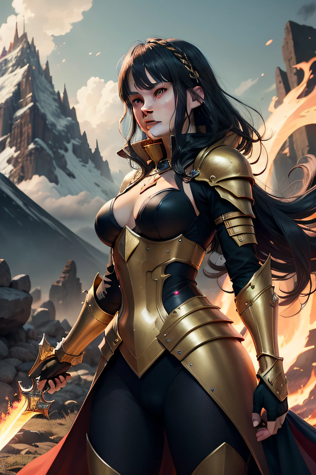 Entities with unique patterns assign the game's base card design，Text box，female pervert，Golden armor，giant sword，Magical style，Mountain summit background，animeaesthetic，Depth of field，high qulity，photograph realistic，a scar，Battle damage，Glow shadows，Role cards，centered image，Detailed，Fire effects，black color hair，Beautiful，Side Body