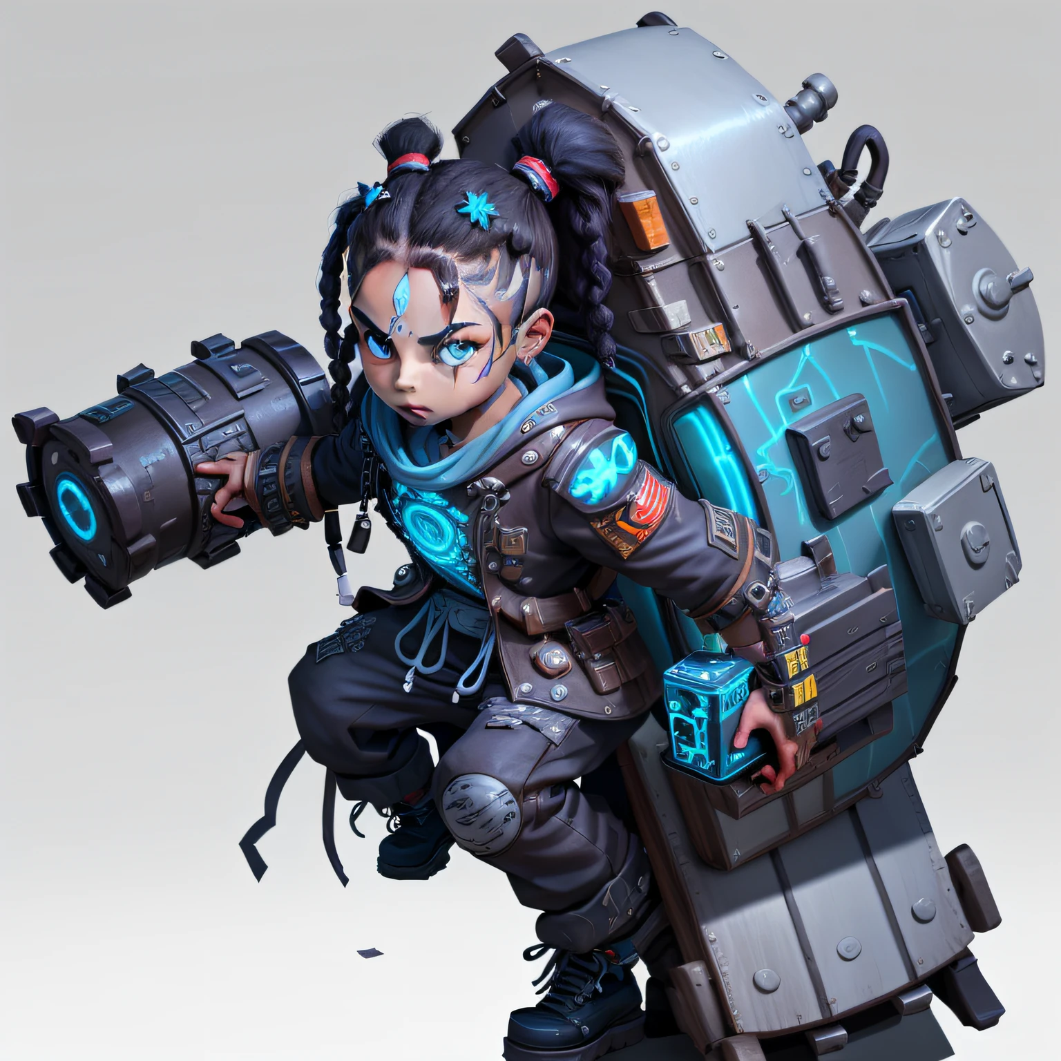 A  with a short ponytail with white dirty braids, Dark complexion，largeeyes，Carry a large bag,Cool look，Show the whole body，adventurer，cyber punk perssonage， Stylized 3 D, stylized character, League of Legends game art, Virtual 5，RPG portrait,  Highly detailed iconic characters, epic art style, epic character portrait, Render stylized 3D