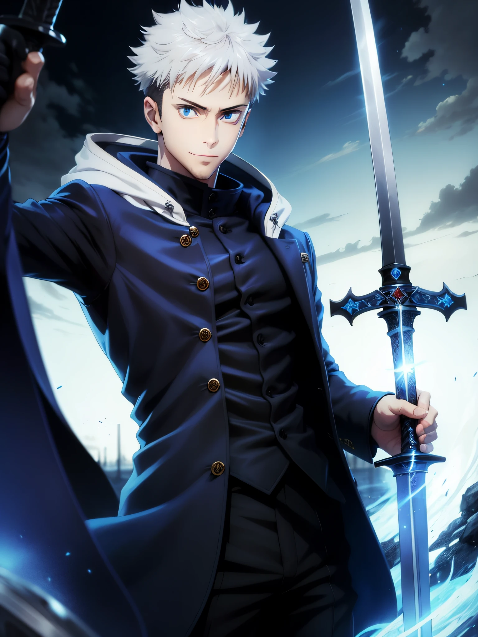masterpiece, best quality, highres,1boy, white hair, Light Blue eyes, blue eyelashes, black jacket, Looking ahead ,black pants ,sword ,excalibur \(fate/stay night\) ,smile ,black shoes ,29 years old