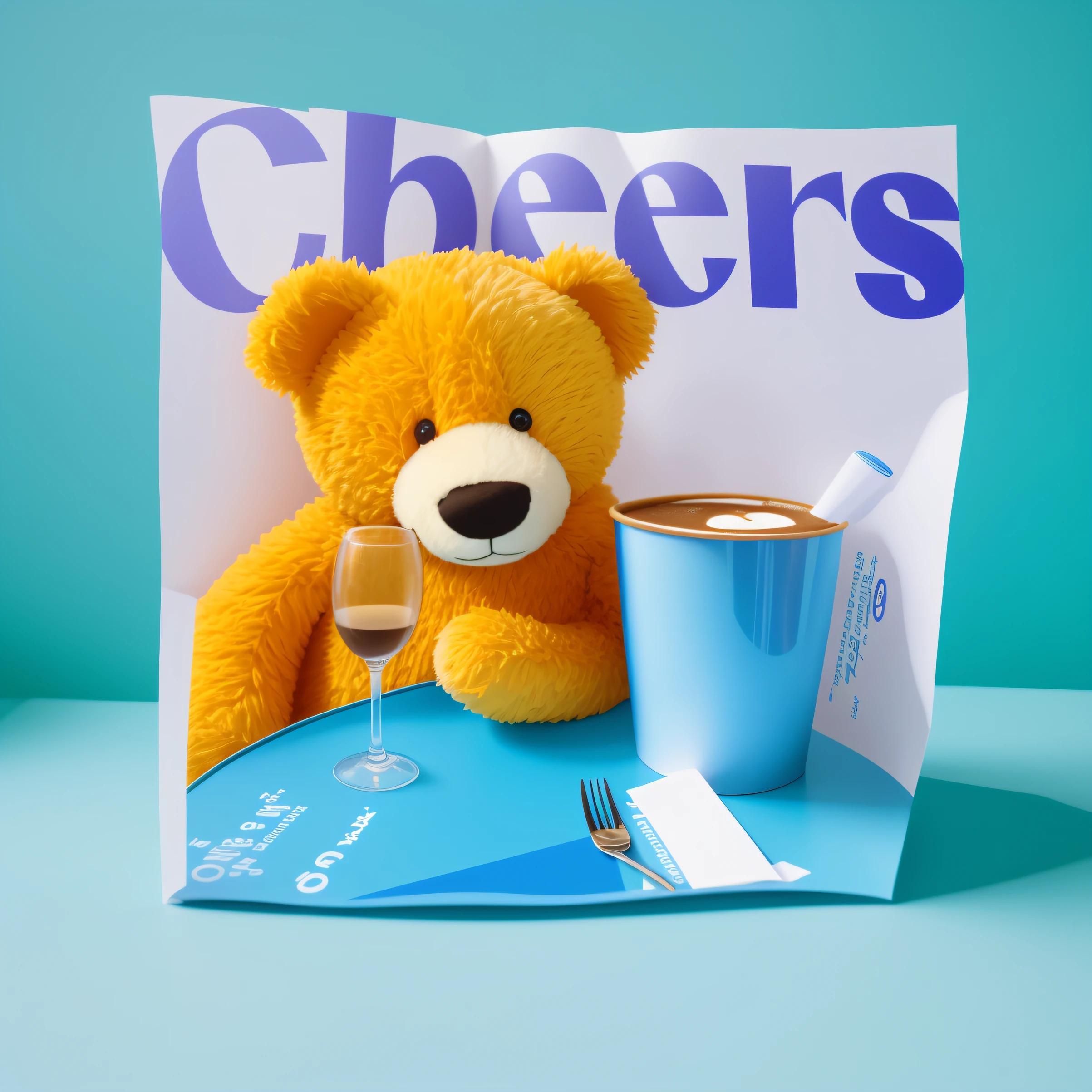 There's a teddy bear sitting at a table with a cup of coffee, Obrigada, 9 0 - S, 8 0 - S, Directed by: John Koons, Directed by: Pedro Alexandre Hay, Ad image, Alegre, anos 80, 8 0 anos, 80's, Ursos, Directed by: David Garner, inspired by John Koons, Directed by: Roberto Childress, Directed by: Pico Robert