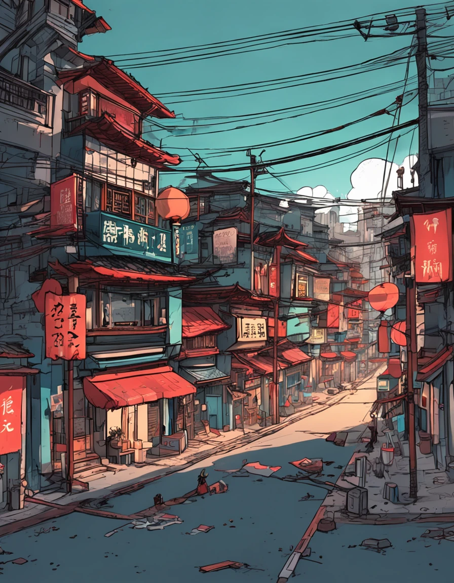 The city in the end times,in the early morning,The streets are a mess,Chinese animation style