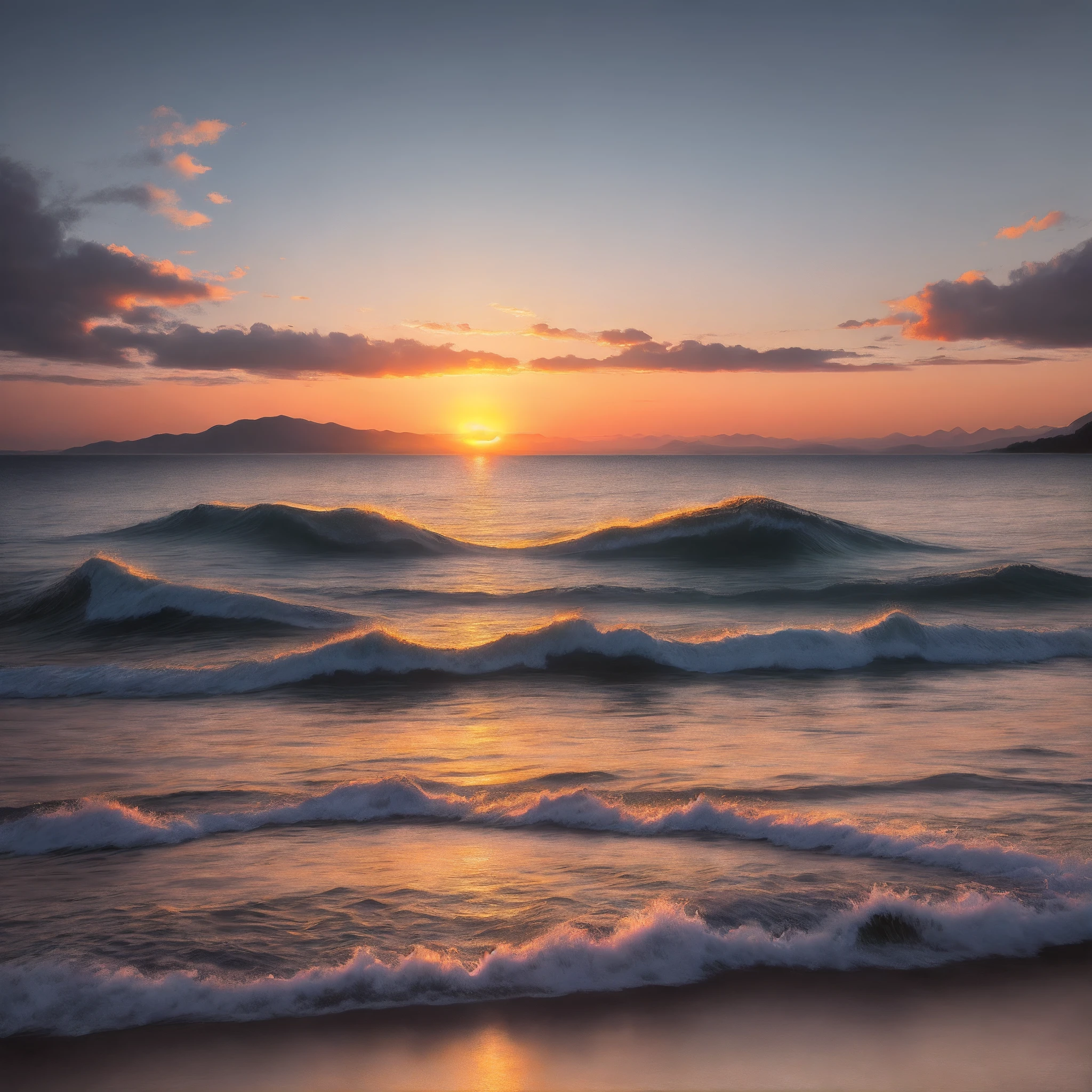 Realistic sunset onto the sea between hills