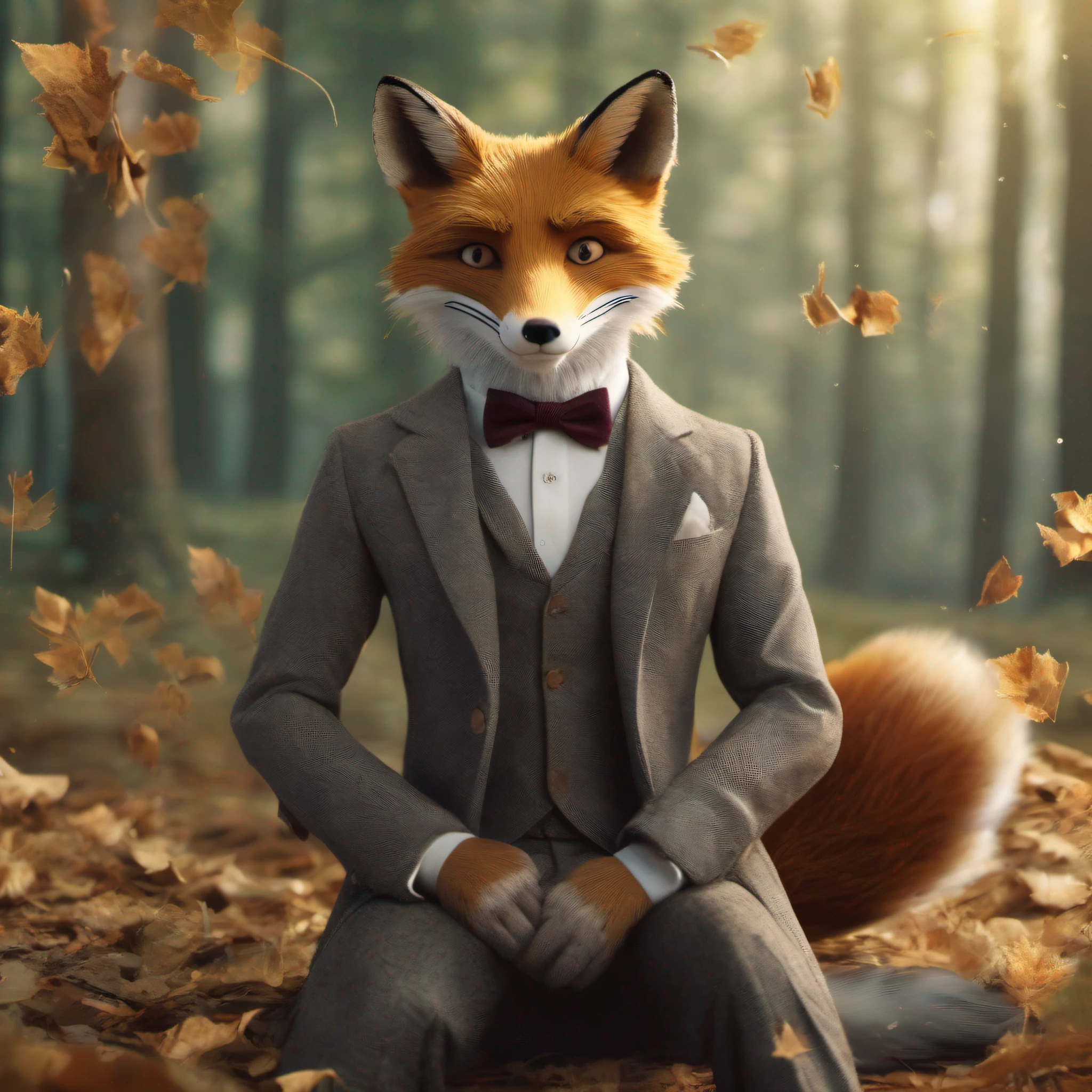 (Fox Wearing Suit) (Whimsical Portrait Photography): A mischievous red fox, dressed elegantly in a tailored grey suit complete with pocket square and bow tie, playfully reclining amongst falling leaves under a golden sunbeam casting dappled shadows across the forest floor. His piercing amber gaze meets yours as he confidently balances himself gracefully on all fours, each tufted ear tilted curiously and hinting at hidden secrets within a storybook adventure unfolding just beyond viewfinder reach... Could this be none other than the Fantastic Mr. Fox himself? As always, let curiosity guide your quest and find out for yourself who exactly lies beneath such a suave disguise - why settle for ordinary tales when there's a chance a fantastical odyssey may lie just beyond this frame waiting to be discovered by those brave enough to investigate further? This visual concept involves complex integration of both CGI modeling and photorealistic digital compositing.