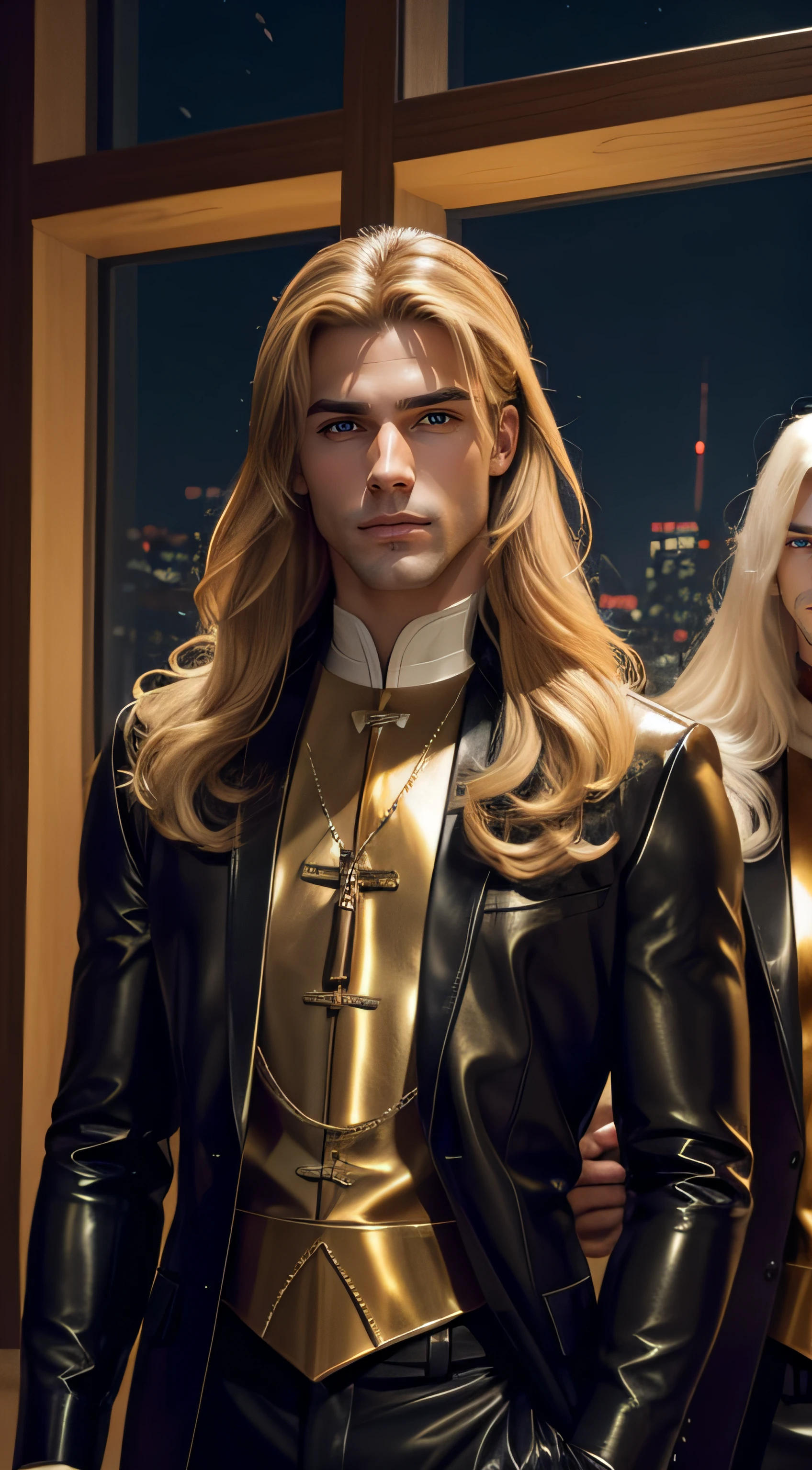 gorgeous male triplets with long golden hair and clean shaven as priests in leather,in a night setting