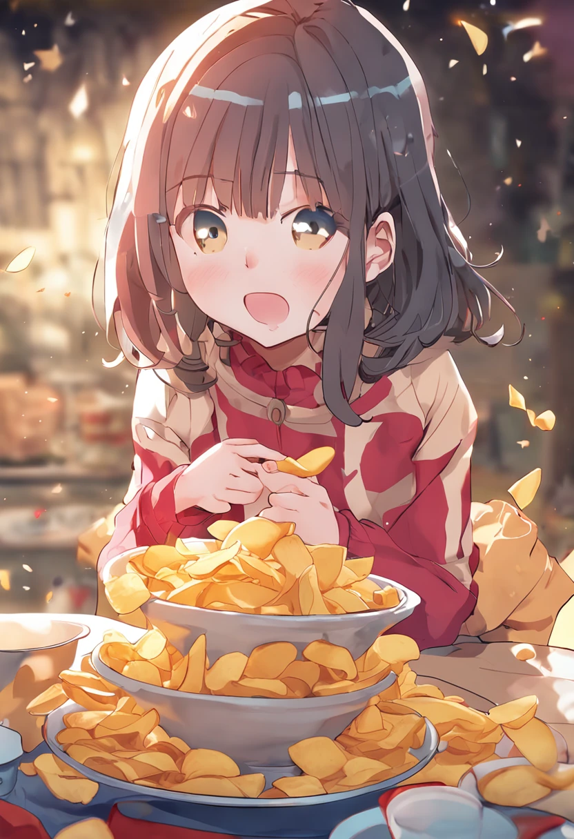 anime big breast,Little girl with potato chips in hand,Eat with your mouth open