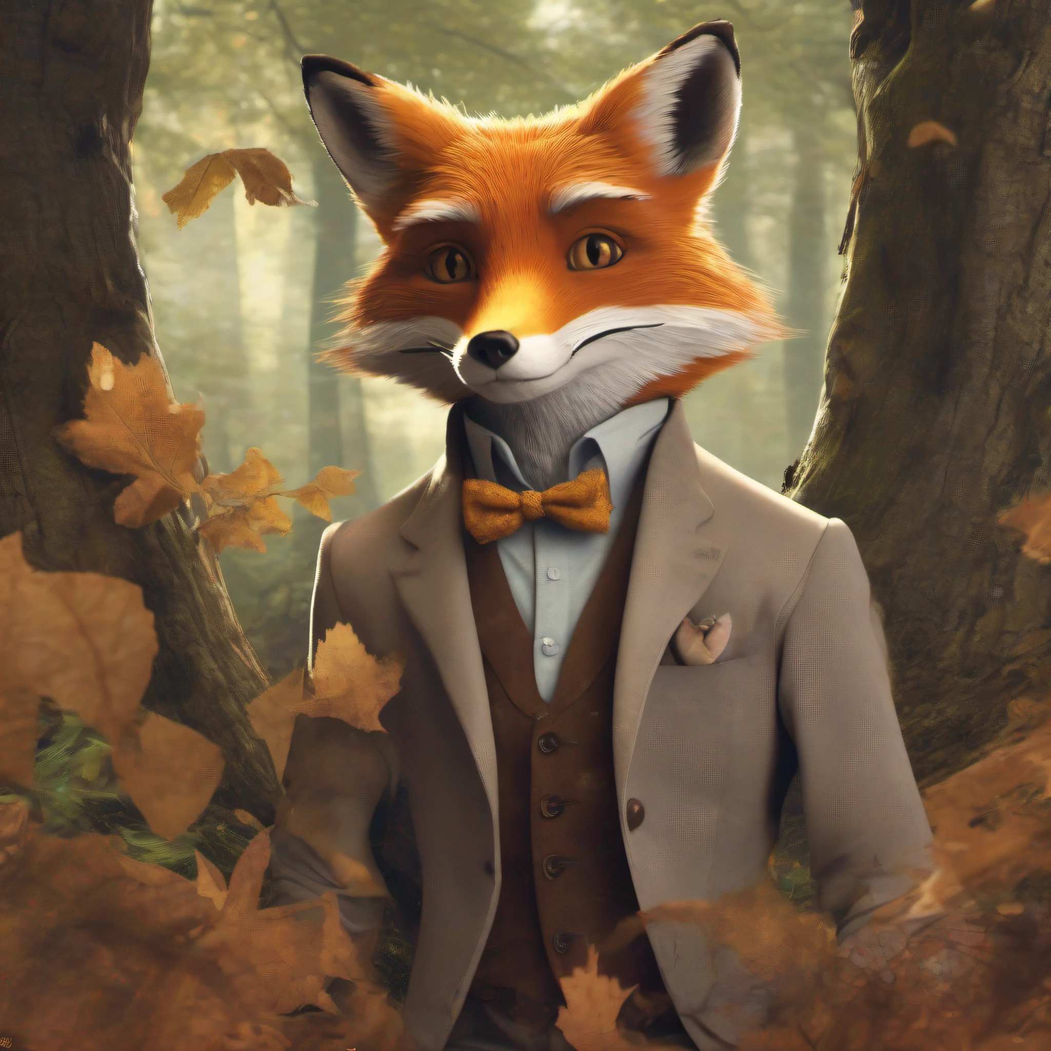 (Fox Wearing Suit) (Whimsical Portrait Photography): A mischievous red fox, dressed elegantly in a tailored grey suit complete with pocket square and bow tie, playfully reclining amongst falling leaves under a golden sunbeam casting dappled shadows across the forest floor. His piercing amber gaze meets yours as he confidently balances himself gracefully on all fours, each tufted ear tilted curiously and hinting at hidden secrets within a storybook adventure unfolding just beyond viewfinder reach... Could this be none other than the Fantastic Mr. Fox himself? As always, let curiosity guide your quest and find out for yourself who exactly lies beneath such a suave disguise - why settle for ordinary tales when there's a chance a fantastical odyssey may lie just beyond this frame waiting to be discovered by those brave enough to investigate further? This visual concept involves complex integration of both CGI modeling and photorealistic digital compositing.