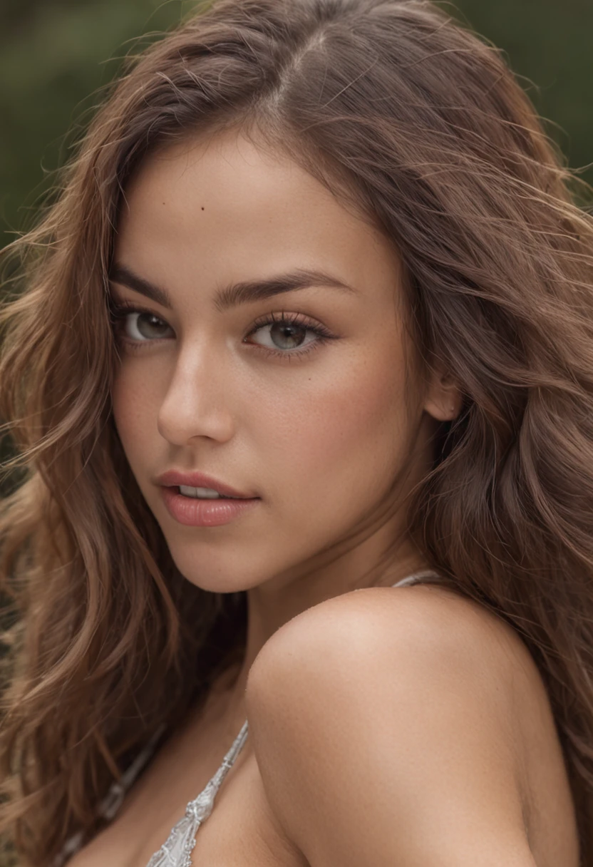 A face of ethereal beauty, where every feature is meticulously crafted by the hand of nature. Her lips, uma harmonia sol naturaza realeza e riqueza, european, white dress, freckles, makeup,eyeliner