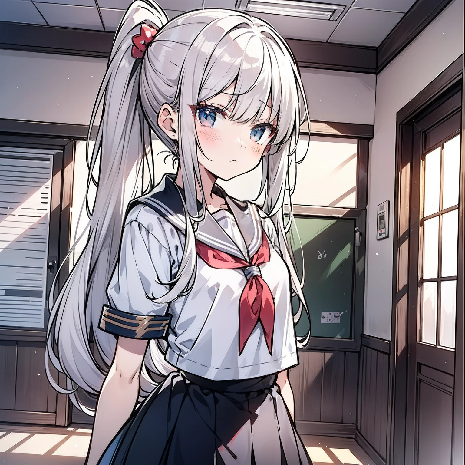 Anime girl around ，Double ponytail hairstyle 1.5，Long white hair 1.5，Wearing a plain white school uniform，Stand in front of the classroom door（Frown 1.5）（Blush 1.5）（The background is in a classroom at school：1.5），Anime style 4K，Anime rendering，style of anime，8K fineness，（Upper body display：1.5）（Cinematic lighting：1.5）（Flat chest 1.5）（Little Loli 1.5）