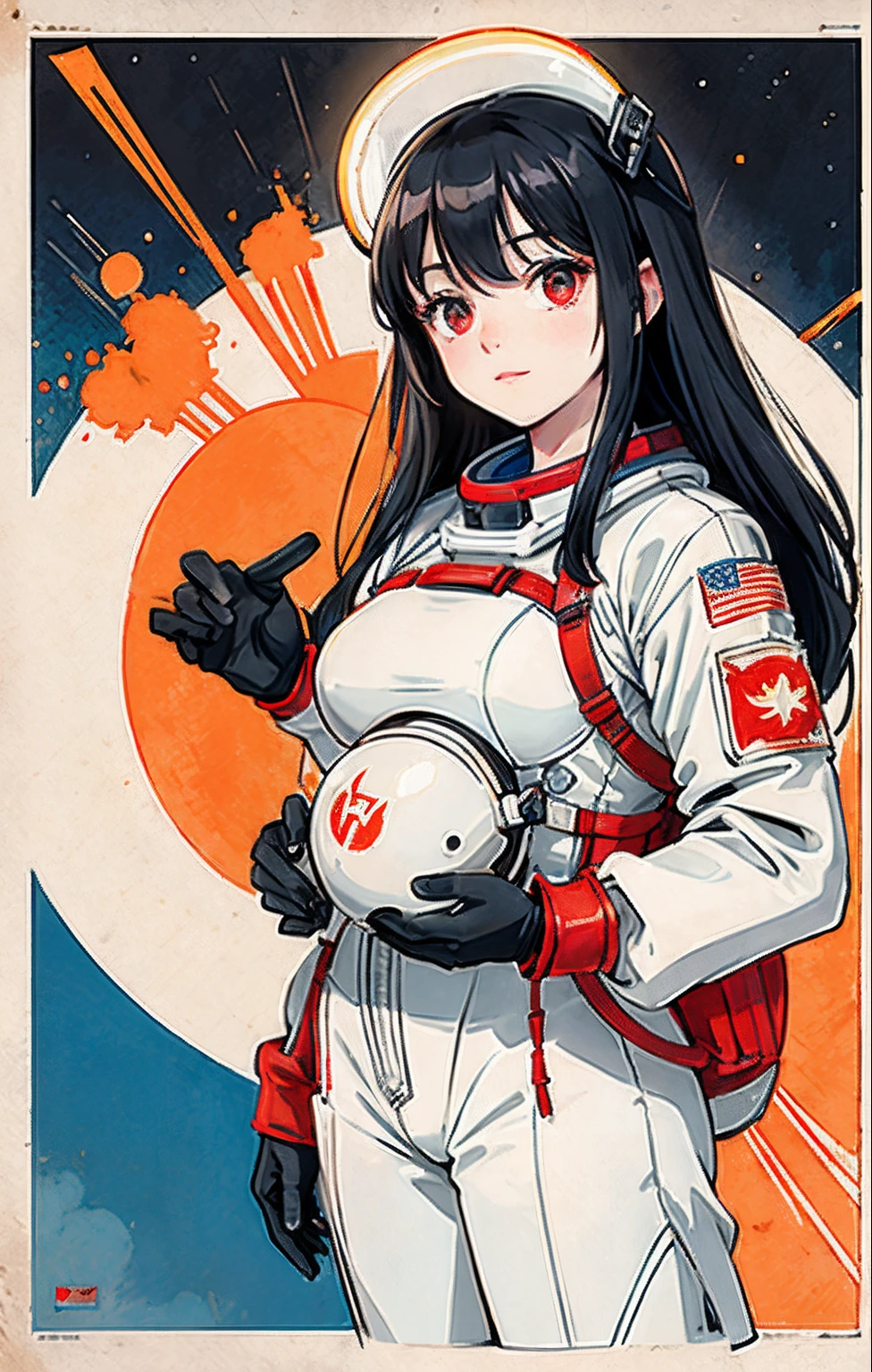 1girl, flat chested, cute, beautiful detailed eyes, shiny hair, visible through the hair, hair between the eyes, CCCPposter, sovietposter, red monochrome, Soviet poster, USSR, communism, black hair, red eyes, vampire ,girl,small breasts,spacesuit:Orange_clothing_body:jumpsuit ), white_gloves, white_space shoes, white_helmet, CCCP scarlet letters on the top of the helmet, weightlessness, Side light, reflection, the person in the spacesuit is at the bottom left of the picture, right hand outstretched, right hand Gently touch the Salyut space station), the space station in the upper right corner of the screen, the reflected light of the sun, silver metal, red flag, brilliance, Soviet style, diffuse reflection, metal texture, blue earth in the distance, mech style, star sea, high-profile, majestic