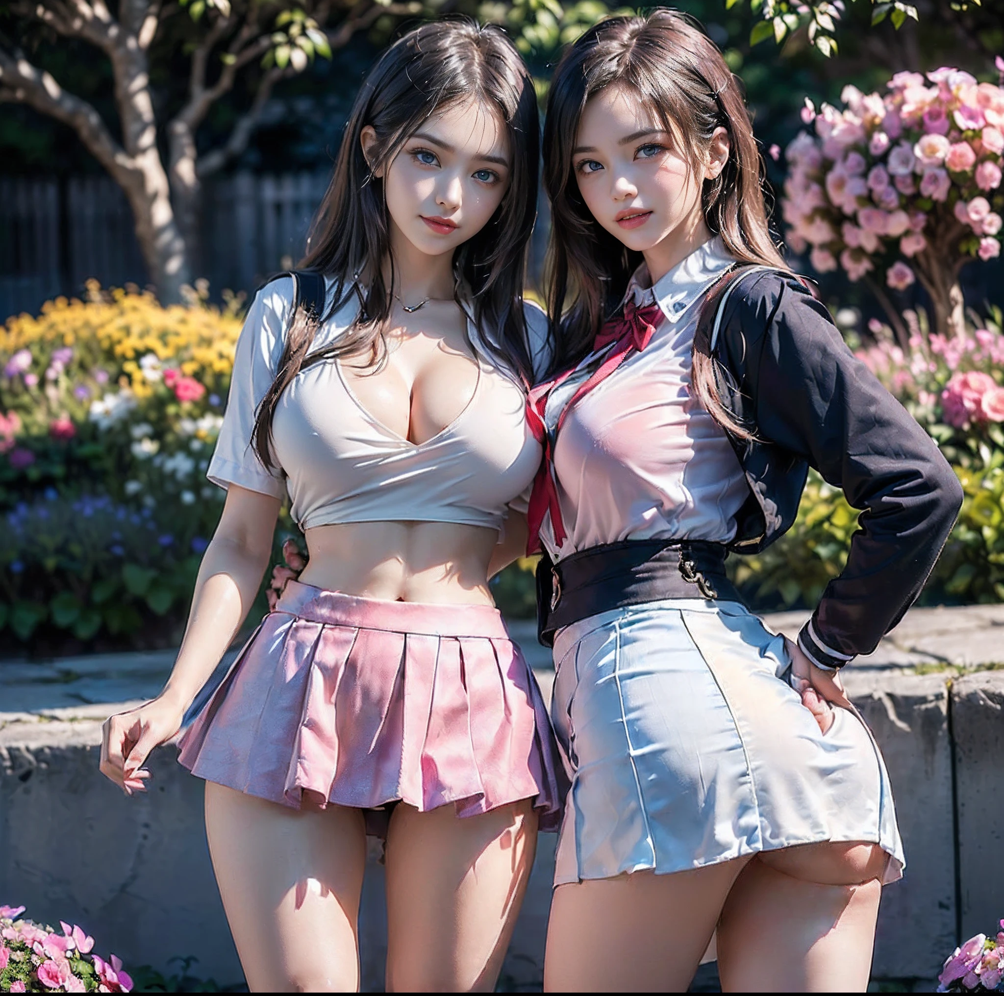 (top-quality)、 (masterpiece)、(profetional lighting)、 (Bewitching:1.5)、 (A hyper-realistic)、(Stylish:1.5), (intricate detailes)、 (Perfect anatomical depiction of the human body:1.2)、(Girl standing proudly in front of camera with chest turned、Another girl on the other side is pointing her ass at the camera:1.5), ( Huge breasts :1.6), (Smooth bright whitening skin with no wrinkles or borders on the skin and is uniform and beautiful:1.7), (Beautiful bright blue eyes with dazzling squinting long eyelashes and red tear bags:1.5)、(shiny little lips:1.5)、 (Brunette's half-up hair shines in the backlight), (Wearing a micro mini skirt on a schoolgirl uniform:1.8)、(Girls' high school uniforms are very cramped due to large breasts, however、The upper body hides the skin without gaps、Eta、It is a design that beautifully complements the big buttocks...:1.8), (This is a photo taken with squinted eyes and a cute smile...:1.7), (Showing off her proud high school girl uniform from the front:2.2), (The other girl on the other side turned away、Showing off your proud super big ass from directly behind, Bend your hips to expose her ass:2.0), (the face is chubby:1.5), (They are touching and kissing face to face:1.5), (A detailed face), (Perfect hands, Correct number of arms, Correct number of fingers, nice hand, Anatomically correct hand), (Shot in a garden full of flowers:1.6), irene1, shirt