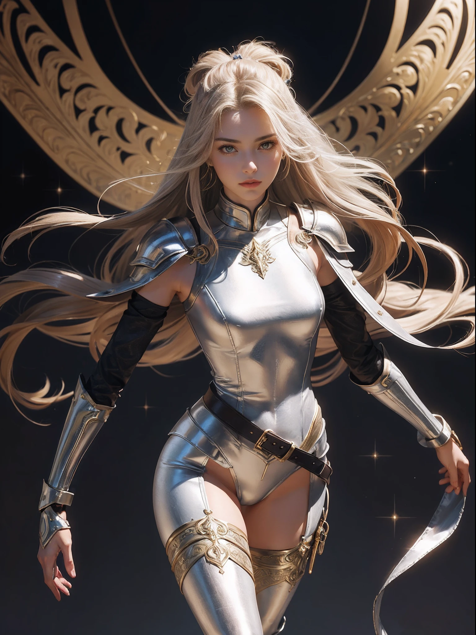 tmasterpiece,High-definition CG diagram,beautiful female warrior,Detailed eyes and face,Tall figure,All-platinum skinny armor,Sparkling armor,Ribbons flutter around the armor,metallic luster,Perfect metal,Extra-long leather boots,Over-the-knee leather boots,Inner over-the-knee stockings,Brilliant gold armor color,Exquisite decoration,General temperament,Tall figure,Wide buttock,Slender legs,A majestic sight,Stand in the war,Spandex tight underwear,Alone,Ribbons flew around you