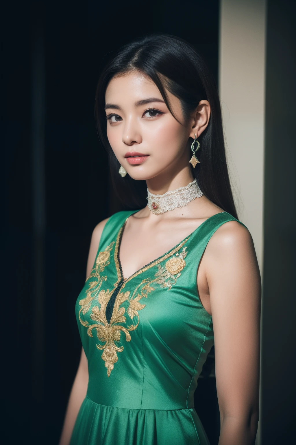 Cinematic lighting, ray tracing, film grain, depth of field, uhd, masterpiece, best quality, super detail, award winning, highres, high details, Real human skin, natural skin texture, 1girl, oval face, cheongsam, full body,big chest,indoor, (((expose thighs))), Bare thigh, nice leg, ((Breast)), A plump figure, whole body, kiss, ((Green chinesedress)), sat on the ground, smile, High heels, (sitting:1.3), Chinese furniture, vases, sense of space, light on the face, depth of field, natural light, Flowers, plants, art Deco design,Thin legs、(Upper Body:1.5)、
