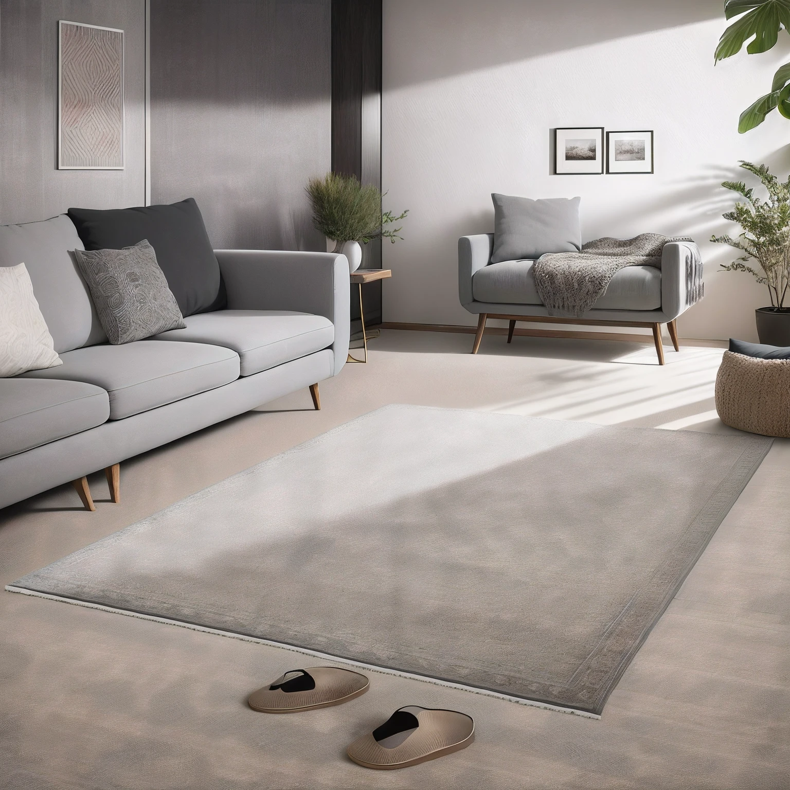arafed view of a living room with a couch, a chair, and carpets, designed for cozy aesthetics!, placed in a large living room, light boho carpet, light gray, flat grey, placed in a living room, detailed wide shot, detailled image, Dark gray carpet, carpeted floor, flat grey, carpet on the floor, gray canvas