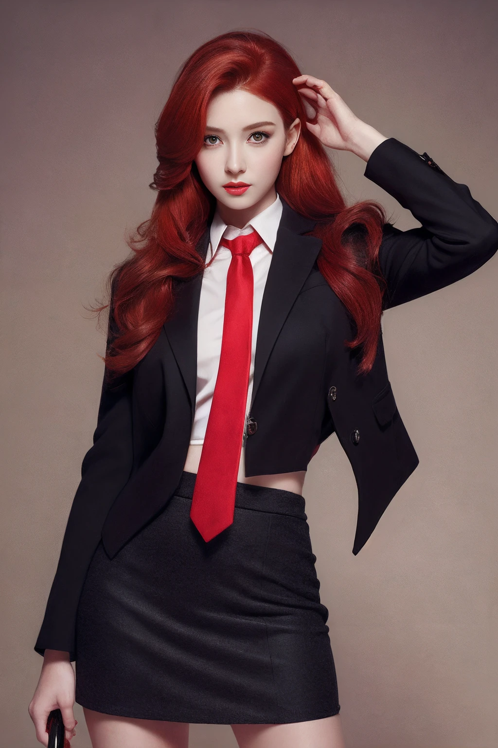 Photorealistic, high resolution, 1 Women, Hips up, Beautiful eyes, Red hair, ringed eyes, Collared shirt,red necktie,Black skirt, pencil skirts, Fur coat