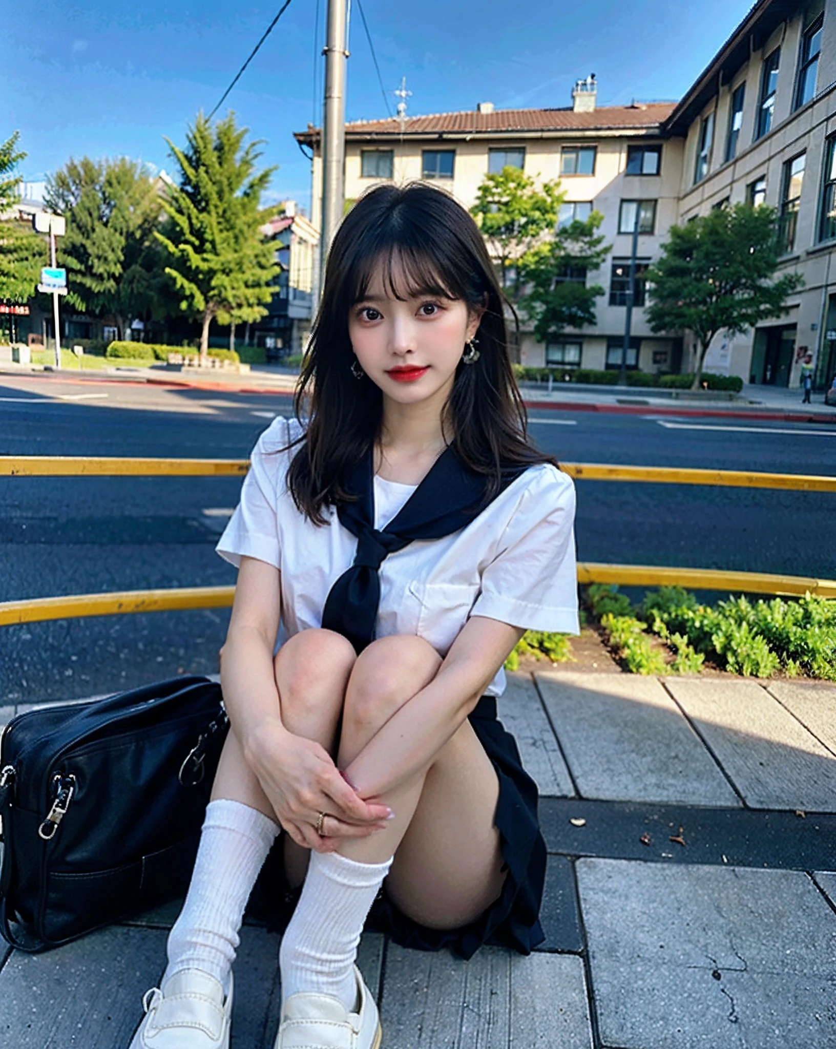 NSFW、top-quality、Hi-Res、8K、Girl 1 Mature Mature Mature Woman Person、during the day、、A dark-haired、short-cut、with light glowing、outside of house、Luxury、(Medium Hair)、Beautiful detail sky、Beautiful earrings、(dynamicposes:0.8)、(fullllbody:1.2)、Soft breeze、shinny skin、line of sight、Bust、perfect glossy skin,flawless skin,((erotick,Sexy and sexually explicit)),((accurate hands without incongruity)), large full breasts,big breasts thin waist, Look at viewers,((a sailor suit)),((Short sleeve uniform white shirt)),(red necktie),(Blue Mini Pleated Mini Skirt),(((skirt lift by yourself))),(lifted by self),(Showing panties),panties on,panties focus,((Sit up,spread legswide)), sockes, (Black knee socks),(Loafer shoes), during daytime,On the train,Horizontal long seat with your back to the window、(opening legs:1.2)、