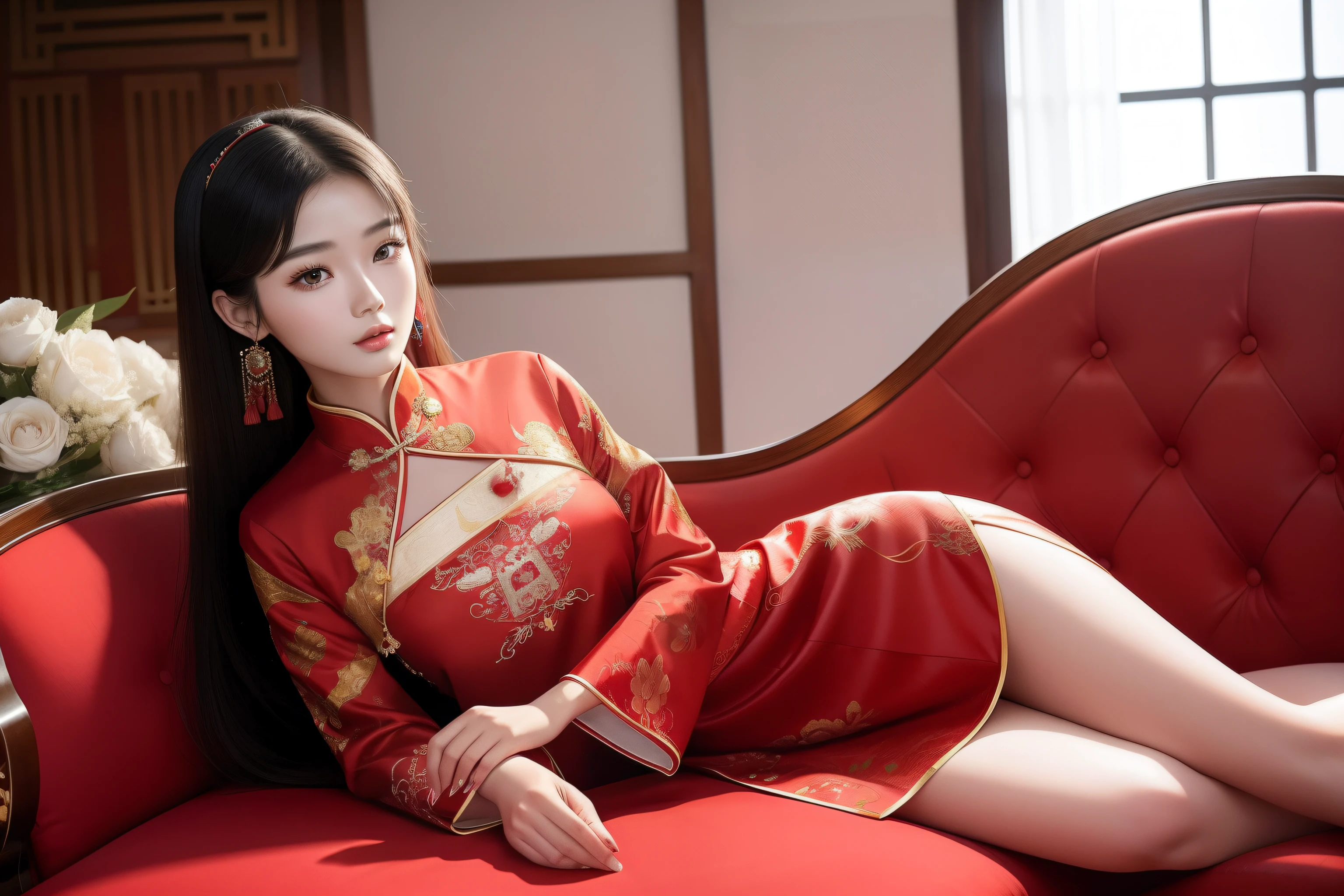 Arakfi woman in red dress sitting on white sofa, Wearing a red cheongsam, beautiful Korean women, Chinese woman, Chinese girl, Beautiful young Korean woman, China Princess, gorgeous chinese models, Gorgeous young Korean woman, shaxi, Korean woman, elegant japanese woman, Yun Ling, in a red dress, An Asian woman, xision wu