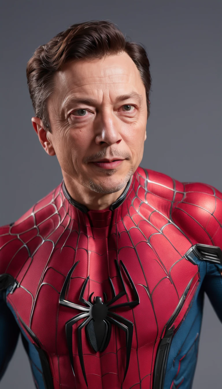 (Renderizado 3D profesional:1.3) de (realista:1.3) The most beautiful art photo in the world, Retrato de ELON MUSK con un traje basado en IRON MAN, Exquisito fan art, Altamente detallado, Spider verse style, - Cristiano Ronaldo como Spider-Man, Renderizado 8k Unity de cuerpo completo, action shot, poro de la piel, very dark lighting, Sombreado pesado, Detallado, Cara detallada, (Vibrante, realistic photograph, realista, dramatic, oscuro, foco nítido, 8k),