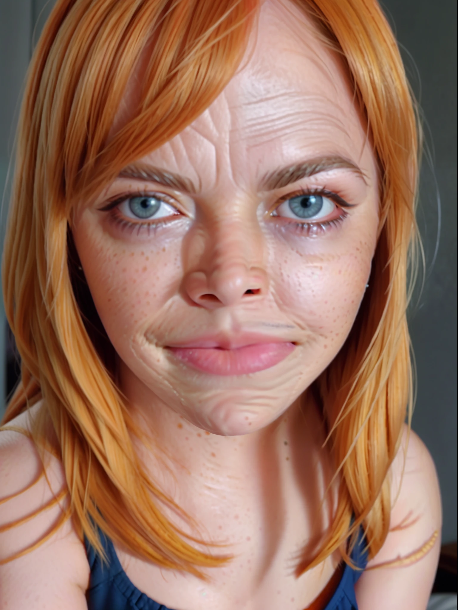 Southern United States beauty, full cheeks, almond eyes, freckles, bedroom eyes, gagging, cleavage, (emma stone:1.5)