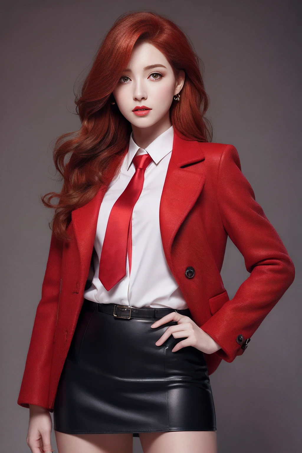 Photorealistic, high resolution, 1 Women, Hips up, Beautiful eyes, Red hair, ringed eyes, Collared shirt,red necktie,Black skirt, pencil skirts, Fur coat