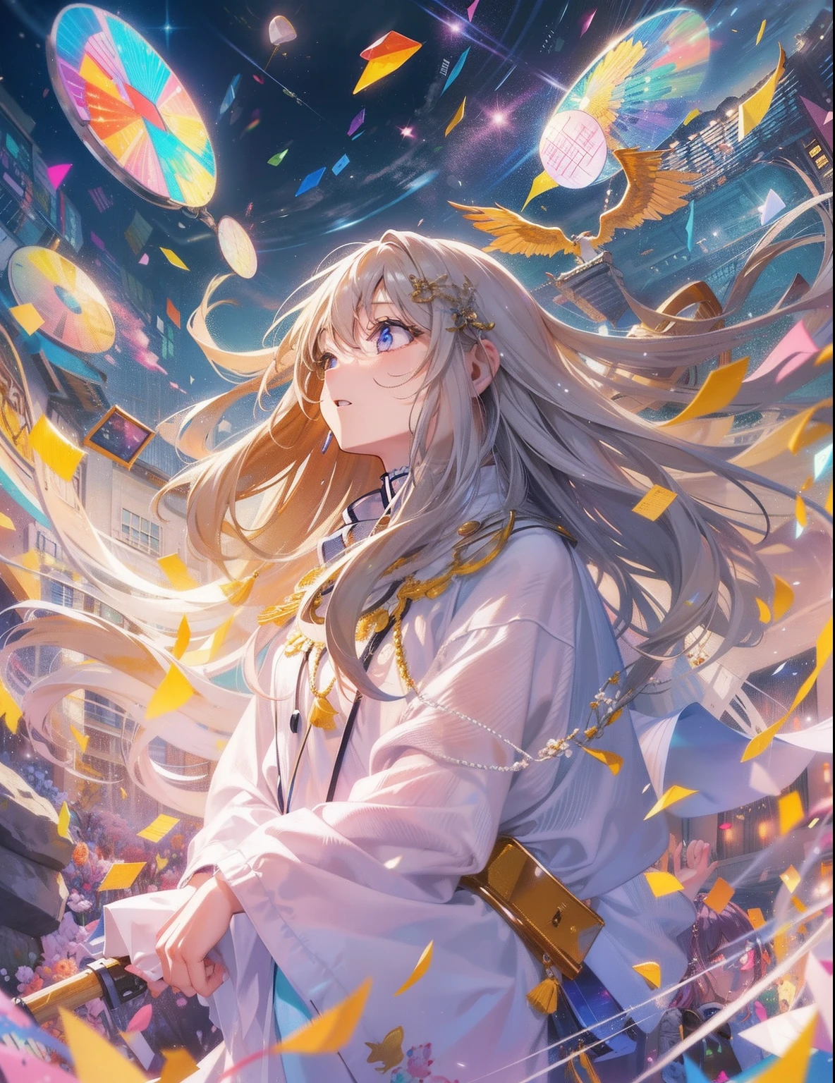 Girl in a dream。I have long colorful hair。Wearing white clothes。It's a rock band。I'm singing a song。Notes flying around。It is an illustration of the highest quality。It is a beautiful illustration。Very colorful。