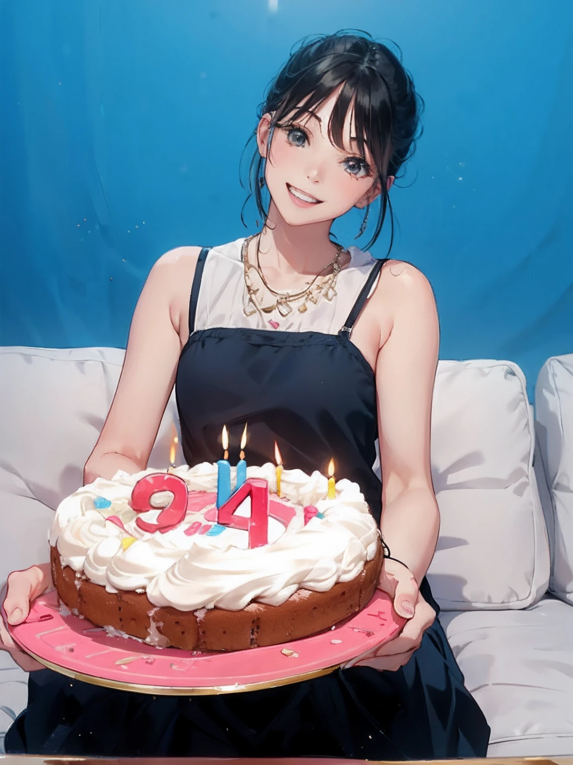Young woman holding a cake,Pink plate,There are candles inside, On the birthday cake are the number nine and the number four, Hands-on birthday cake,sitting on white sofa,By bangs,Toothy smile