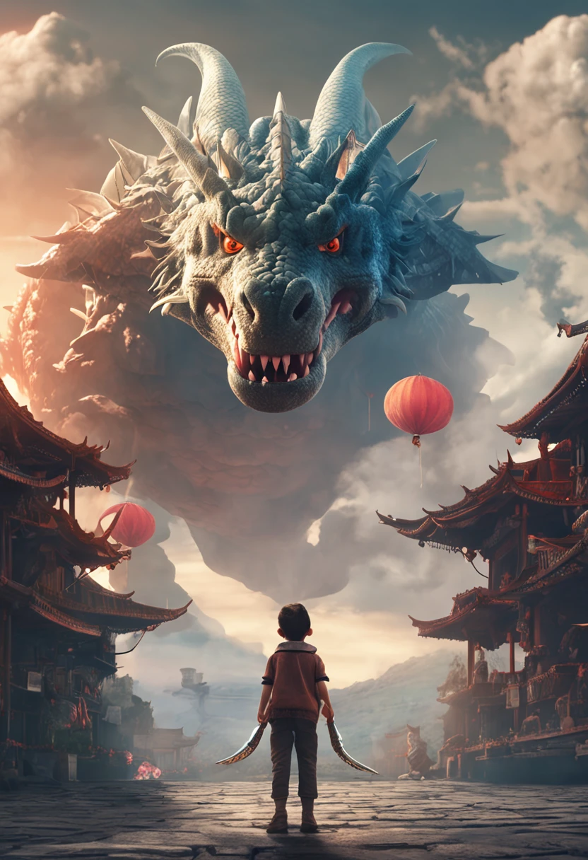 girl, letterboxed, holding, outdoors, bird, standing, cloud, 1boy, weapon, from behind, sky, cloudy sky, animal, holding weapon, eastern dragon, monster, 1other, hat, fog,