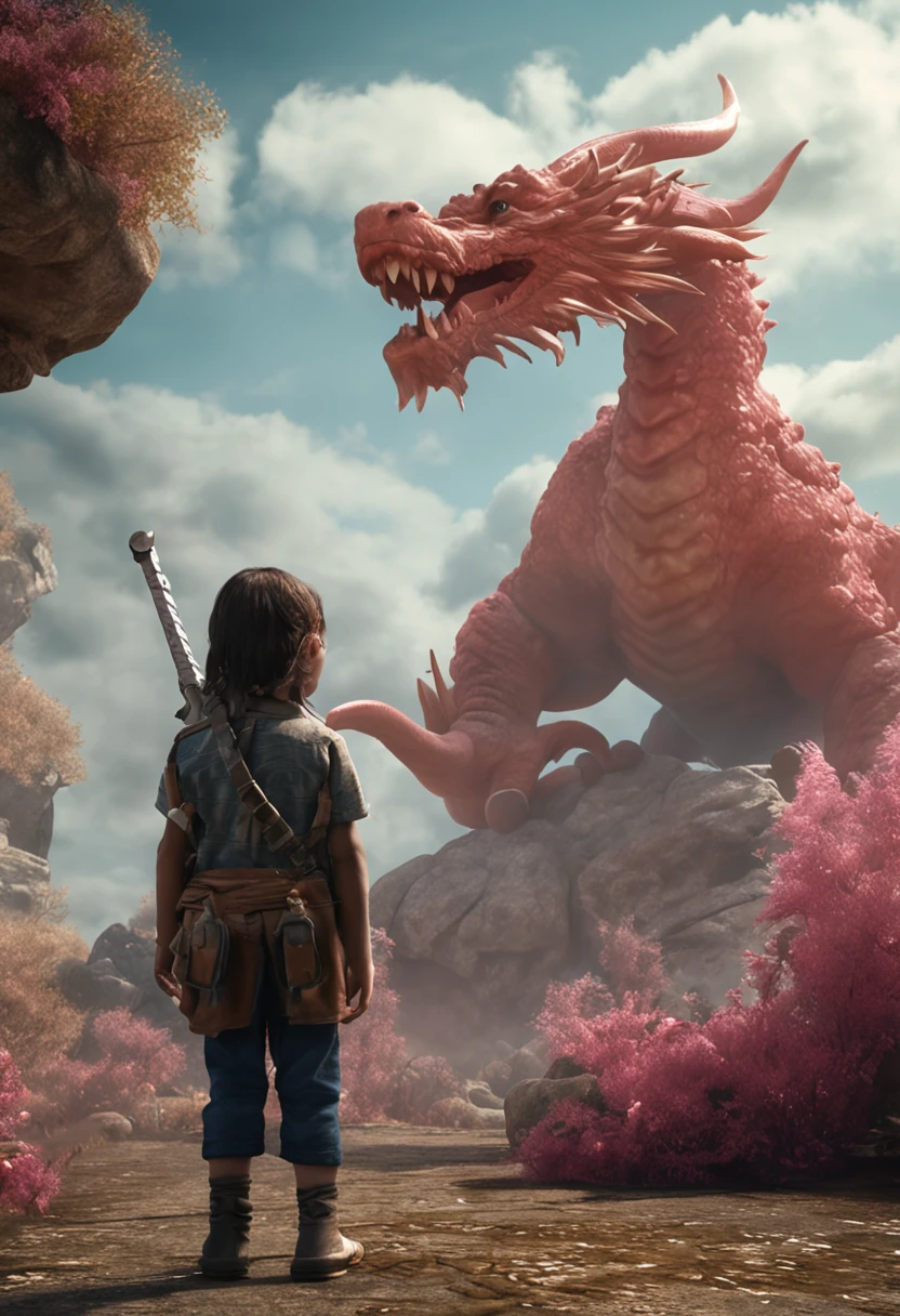girl, letterboxed, holding, outdoors, bird, standing, cloud, 1boy, weapon, from behind, sky, cloudy sky, animal, holding weapon, eastern dragon, monster, 1other, hat, fog,