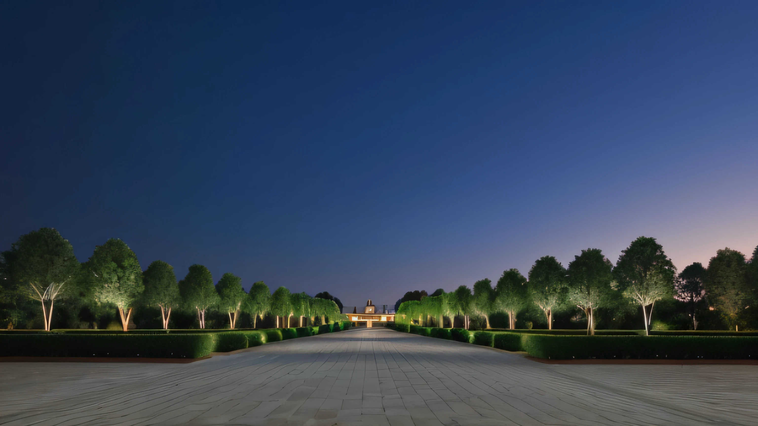 Alfid view,There are walkways with trees and bushes in the middle, royal garden landscape, volumetric evening lights, night time render, royal garden background, Park background, Render in Vray, 3 d render even lit, beautiful landscape rendering, highly detailed render, rendered in vray, 3 d landscape, 3D landscape,Two-dimensional tree,Night lighting,