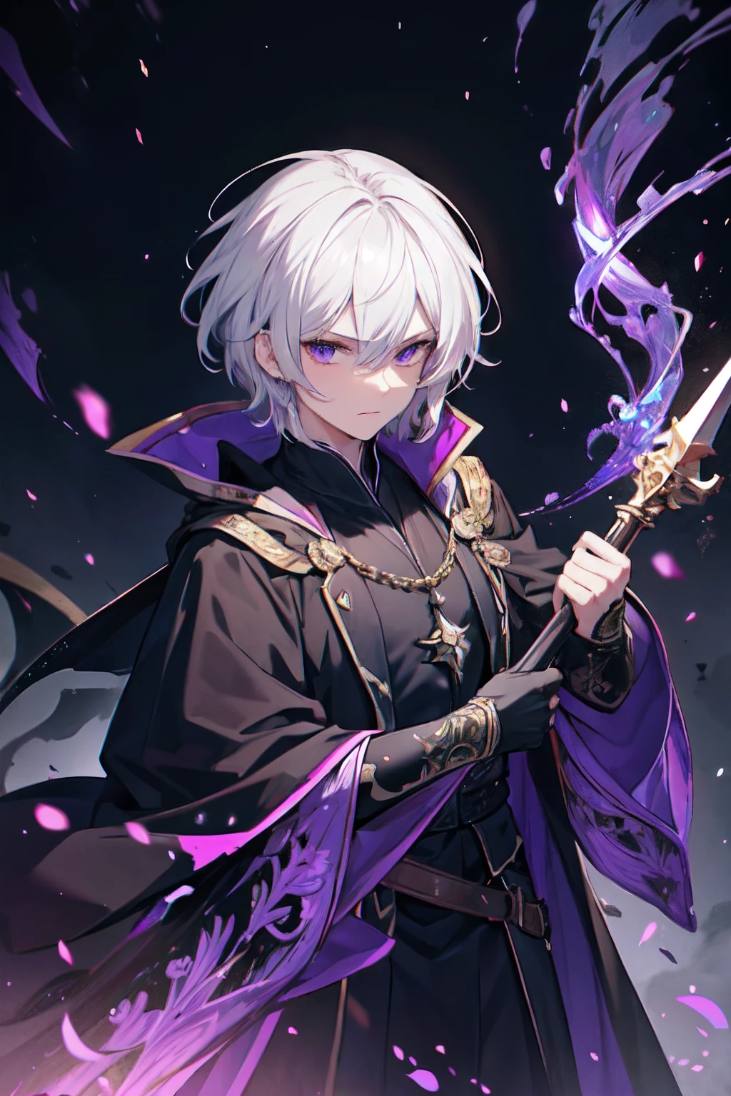 1.5, best quality, high quality, High definition, High quality texture, high detail, beautiful detailed, finely detailed, extremely detailed cg, detailed texture, 1man, 22 years old, dark room, black robe, legendary spear, sharp spear, golden spear, action shot, short hair, white hair, disheveled hair, blood soaked face, determined look, large aura, purple aura, shadow monarch