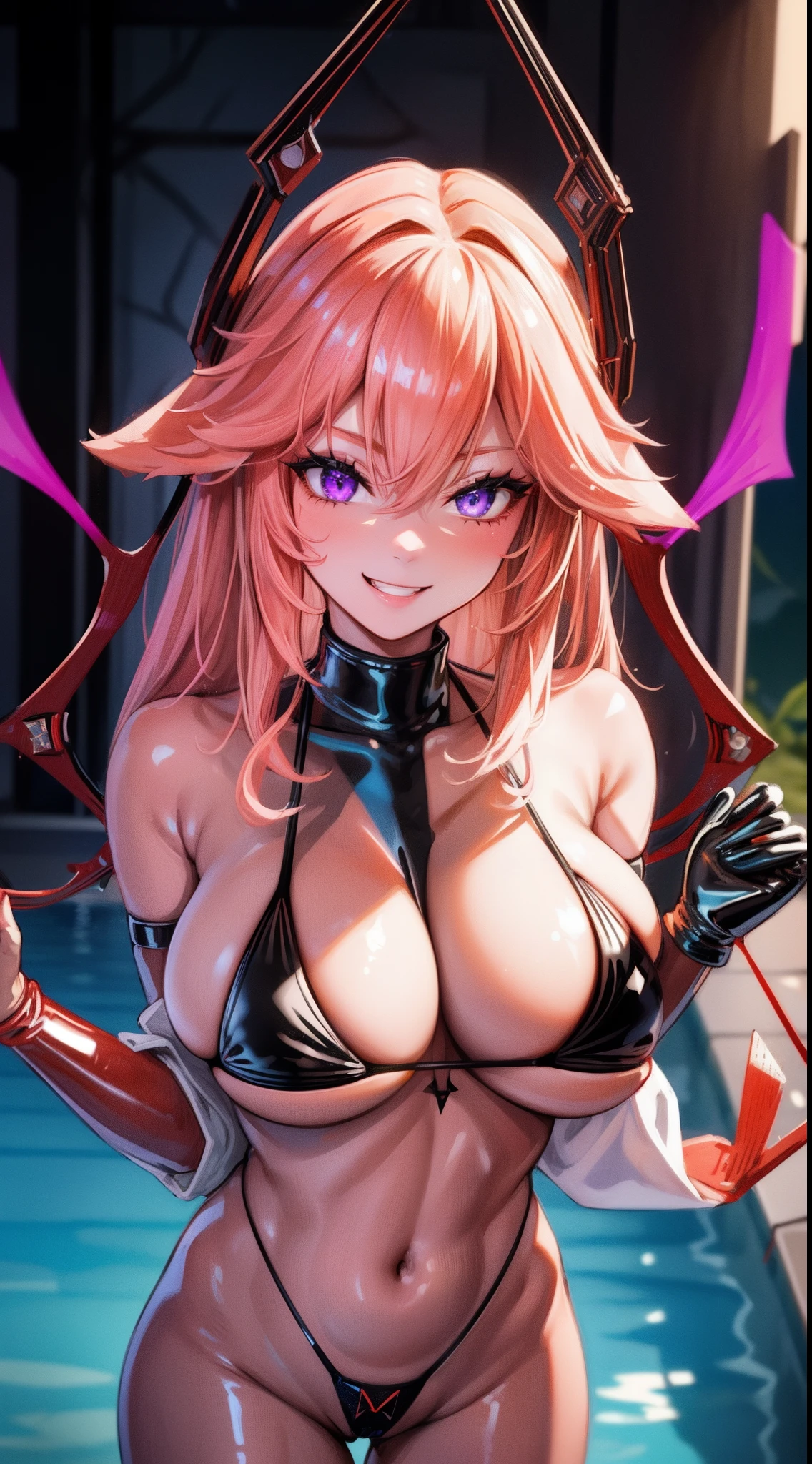 (Yaedef:1.4), 8k, highres, ultra detailed, (masterpiece:1.4), best quality, rating:explicit, Perfect fingers, Perfect symmetrical body, (Black latex slingshot micro bikini:1.6), cute, solo, head ornament, long hair, pink hair, purple eyes, glow effect, finely eye, wide smile, detailed face, looking at viewer, smilling at viewer, angled view, huge breasts, voluptous, on the pool