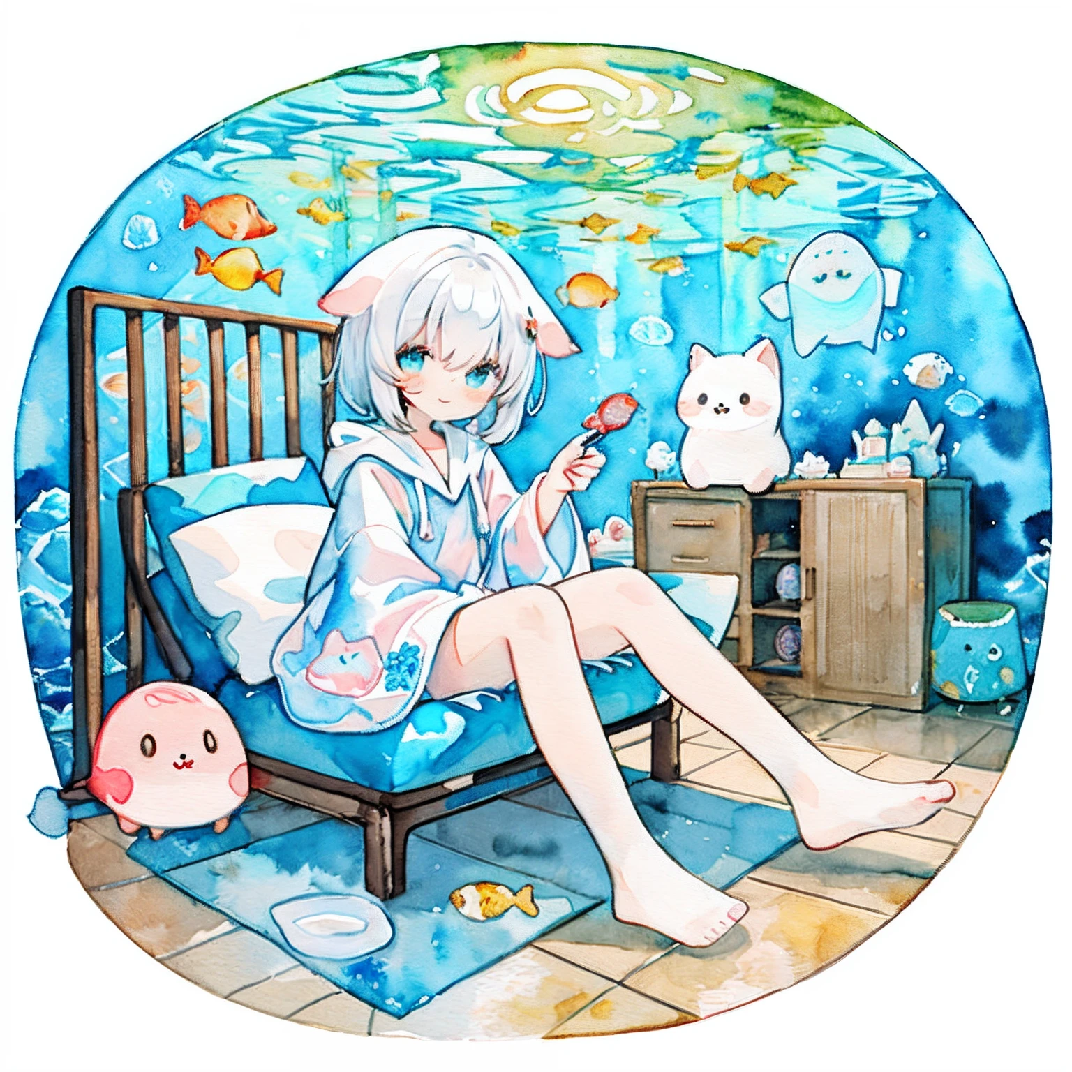 PastelColors:1.5)、(Cute illustration:1.5)、(watercolor paiting:1.2)、Light blue background、girl with、full body Esbian、A smile、Stranger、Pale yellow all over、Moya、marble、abyssal、Little light around、Particles of light、Under the sea、AngelT、Fish shadow、Poncho、Beautiful sea、looking at the viewers、Soft corner、Translucent feather robe、Cute smile、Clione Girl、White hair、short-hair、floating、kawaii、Clione、Hood with Clione ears、Wearing a hood、Fish cushion、inside in room、Cute smile、kawaii、looking at the viewers