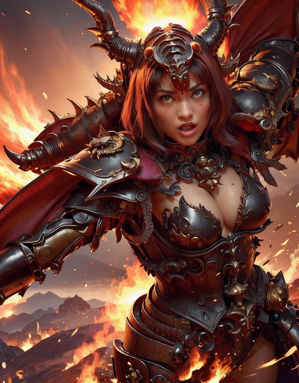 Professional , masterpiece、top-quality、photos realistic , depth of fields 、(Dragon Red Metal Body:1.9),(Enamel purple、(cleavage of the breast)、Mystical expression、Dragon Gold Weapon、(Red Micro Bikini Armor:1.4),Gorgeous gold weapons ,Particles of light、(( Dragon's dense and gorgeous sword)) , (demonic wings)、((a blond))、(Castle background)、((Gangle's forest background))、((Fight dragons))、Beautiful Caucasian beauty、1a person、dynamic ungle,(((Detailed and ornate dragon helmet)))、Smaller head、A smile、Castle background、Thin and beautiful female hands、cleavage of the breast、Soldier in iron armor on background、Mystical expression、Light Effects、intense fighting、Wind-effect、magic circles、With the legendary magic wand、Dragon's tail、explosions、Anatomically correct body、