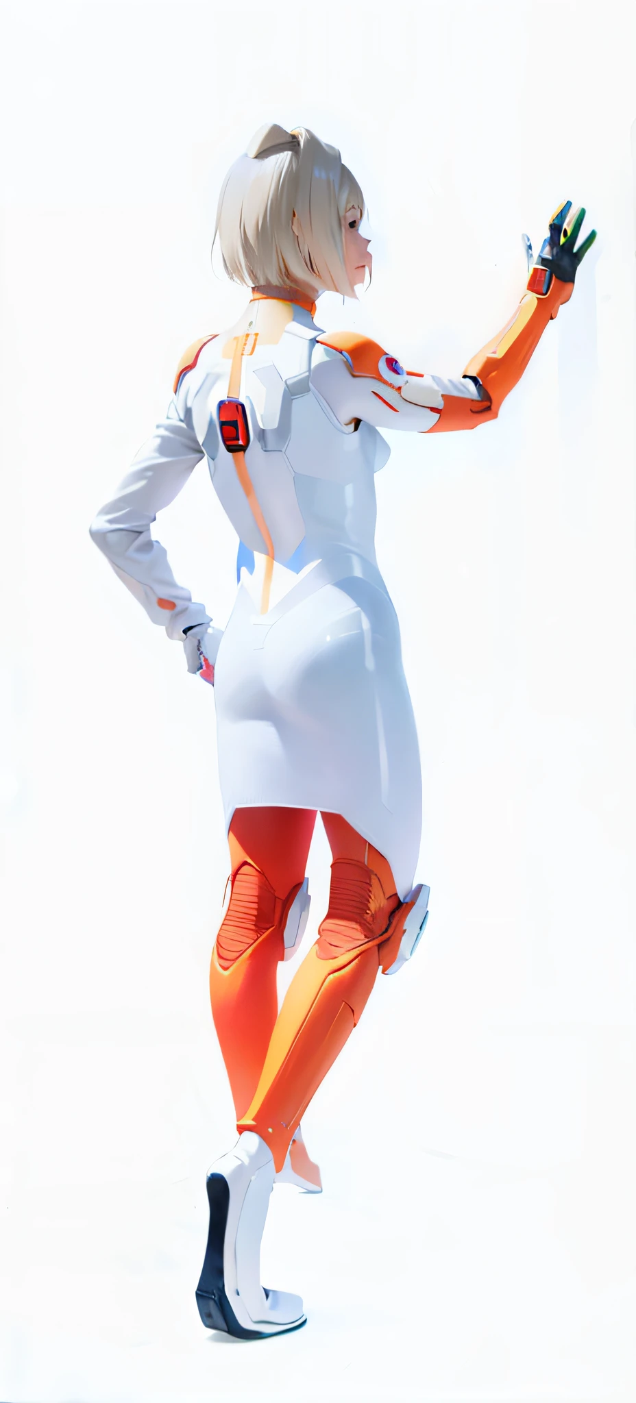 There was a woman in a white shirt and orange pants, leeloo outfit, full body zenkai! asuka suit, white and orange, white cyborg fashion shot, wearing futuristic white suit, chell, Chell from the portal, Gordon Freeman(Gordon Freeman)Playing as a woman, Madison Beer as Leeloo, orange and white, as a retro futuristic heroine, echo from overwatch
